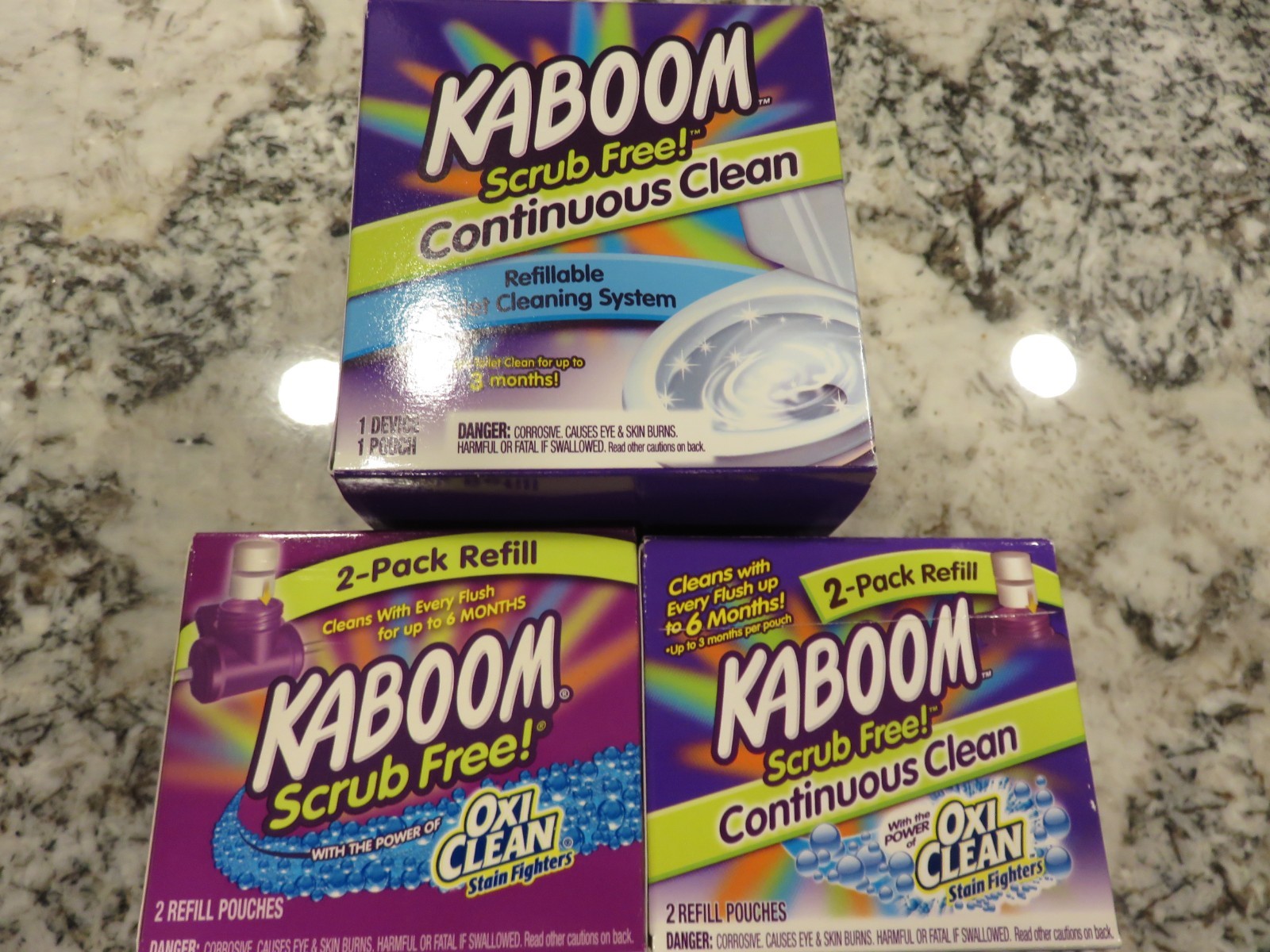 Kaboom Scrub Free! Continuous Toilet Bowl System 1 Device & 5 Pouches Total NEW