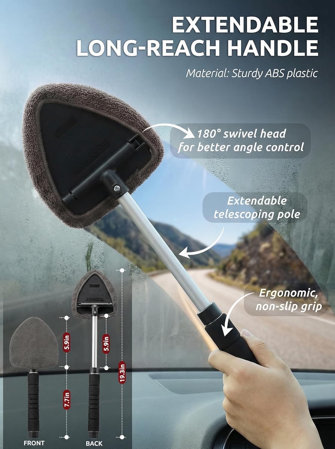 Extendable Car Window Cleaner with Adjustable Head & 3 Microfiber Bonnets – Grey