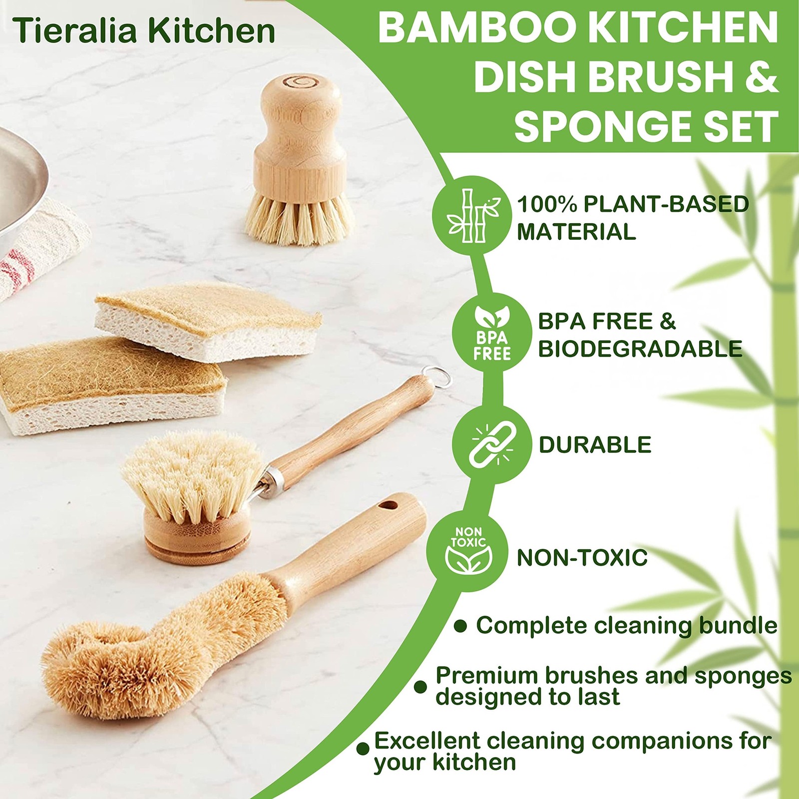 Tieralia Bamboo Dish Brush Gift Set – 5-Piece Kitchen Cleaning Set with Bottl…