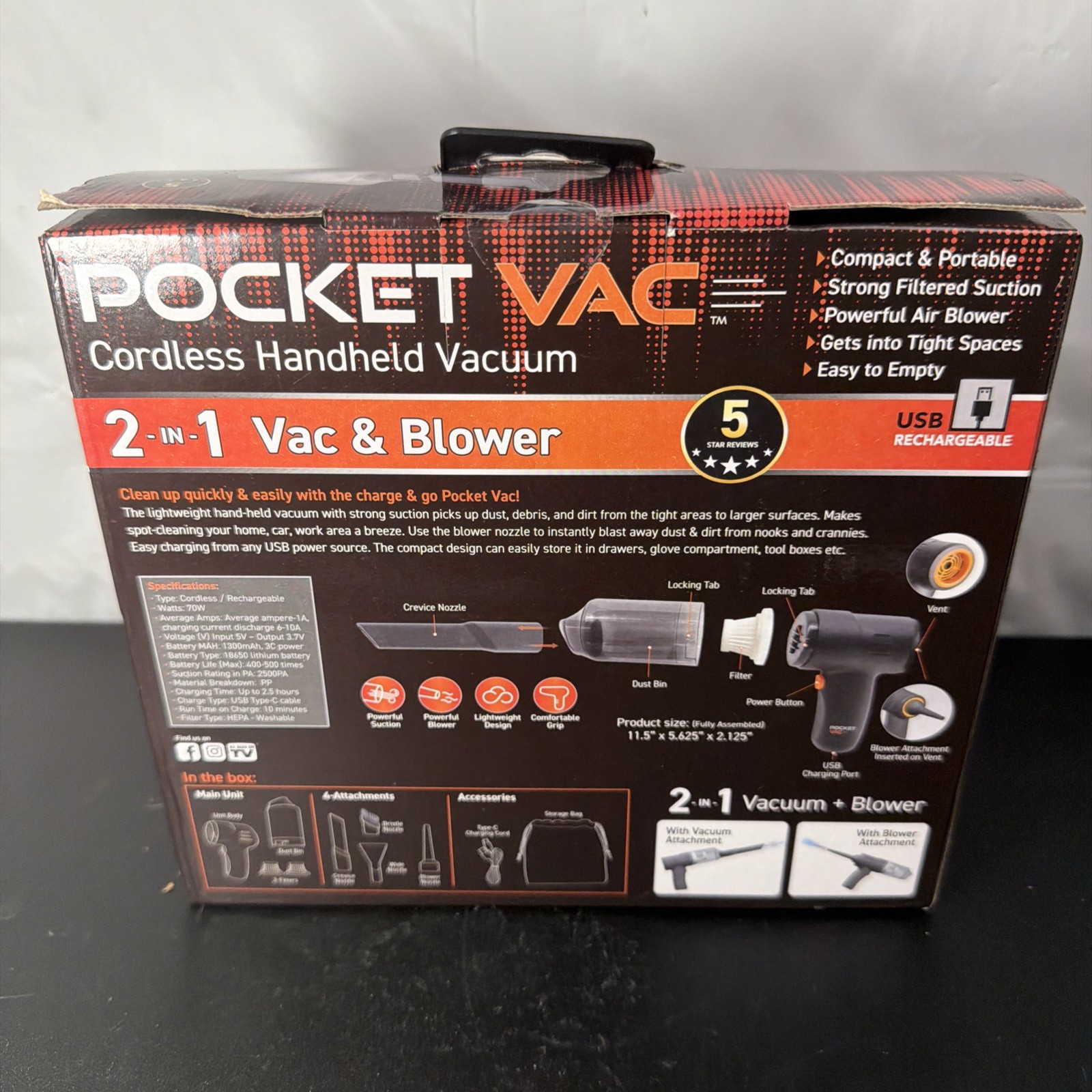 Pocket Vac Cordless Handheld Vacuum, USB Rechargeable