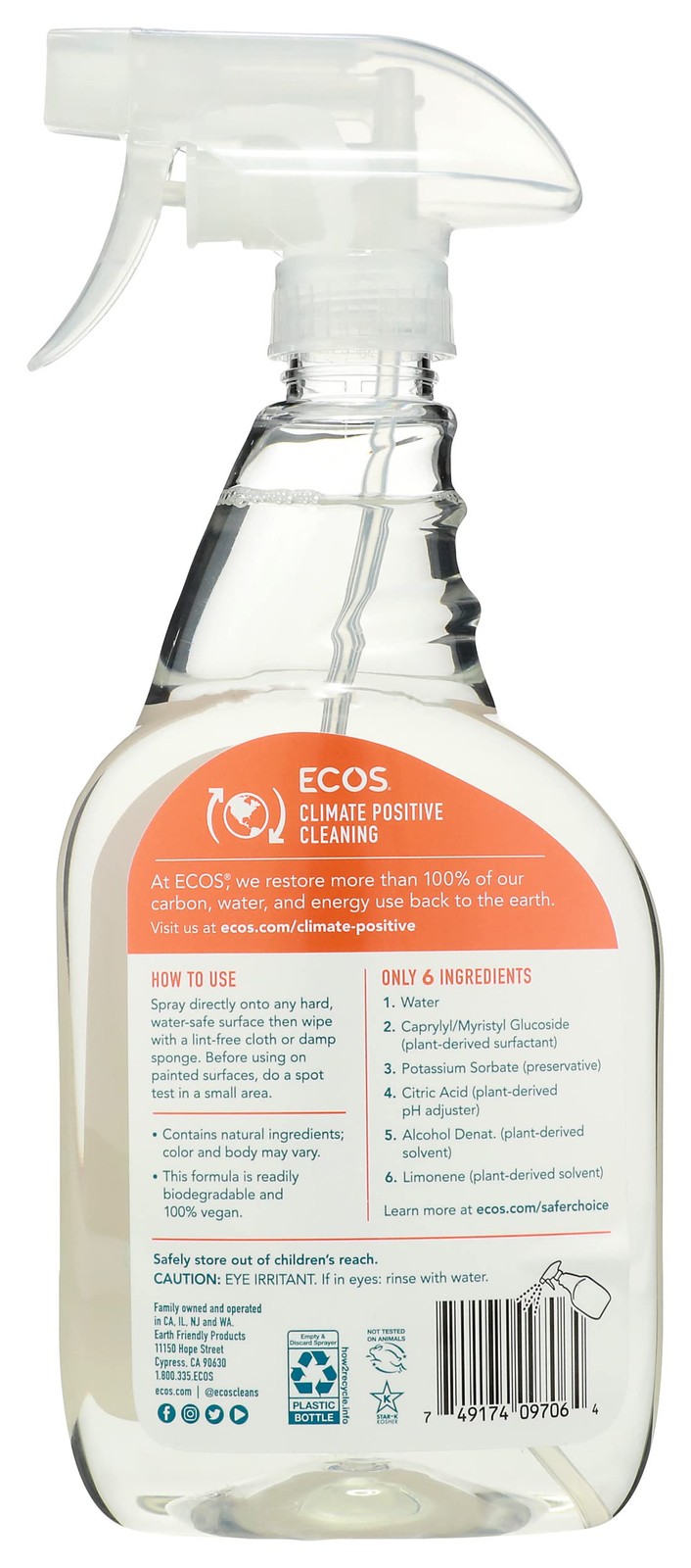 ECOS Citrus Cleaning Spray 22 Fl Oz Non Toxic Everyday Use Safe for All Surfaces