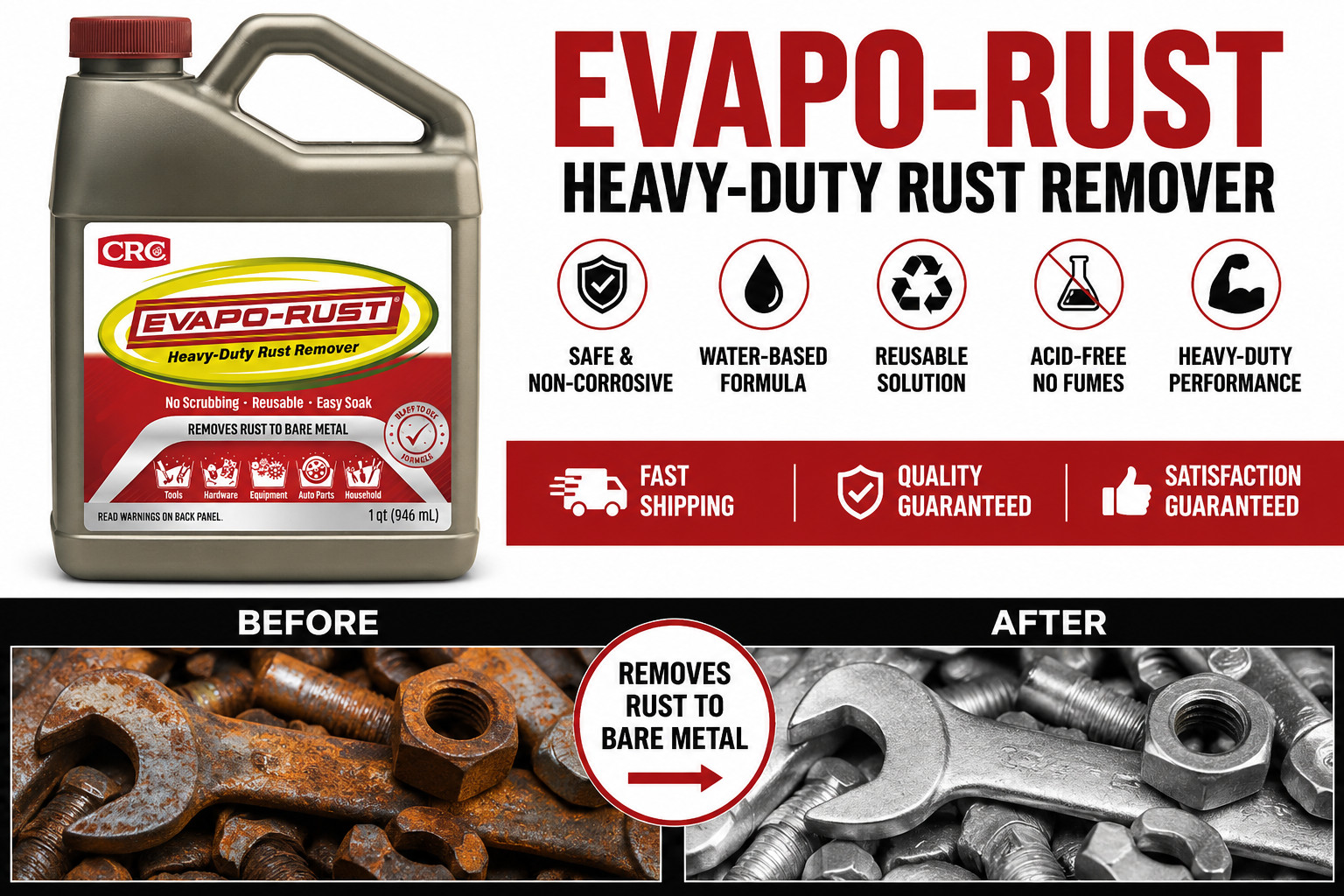 CRC Evapo-Rust Heavy Duty Rust Remover 32oz Metal Cleaner NonCorrosive Acid-Free