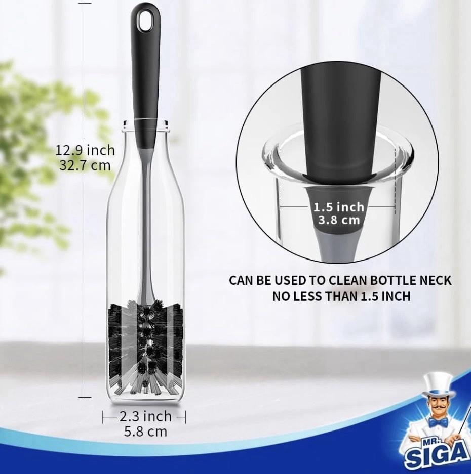 MR.SIGA Black Flexible Long Handle Bottle Brush for Bottles, Mugs, Glass, 2Pack