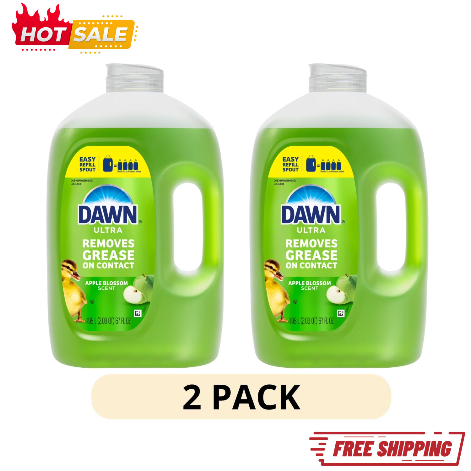 (2 Pack) Dawn Ultra Apple Blossom Dishwashing Liquid Refill Jug Dish Soap, 67 oz