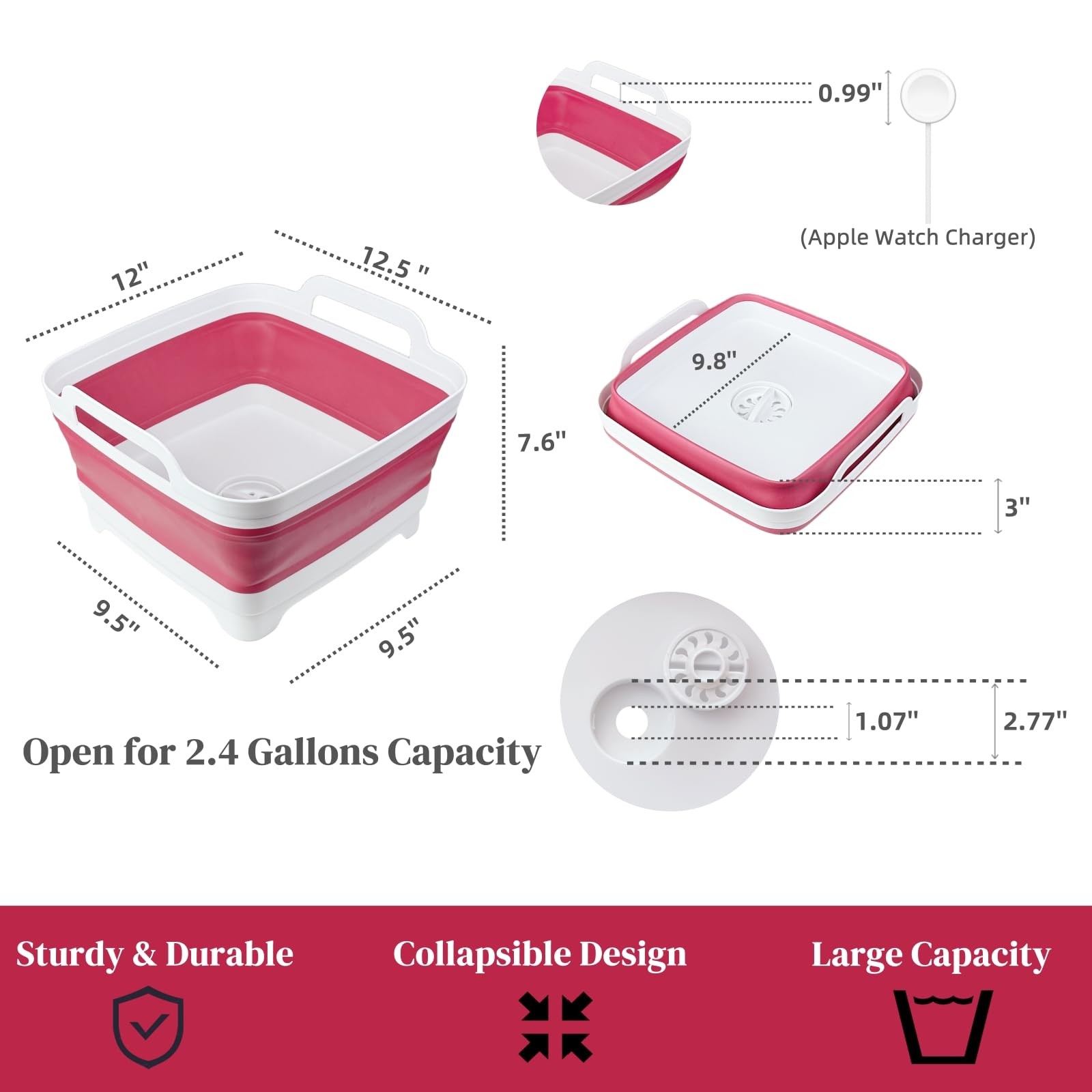 Collapsible Wash Basin 2.4 Gallons Portable Dish Tub for Baby Bottles Magenta