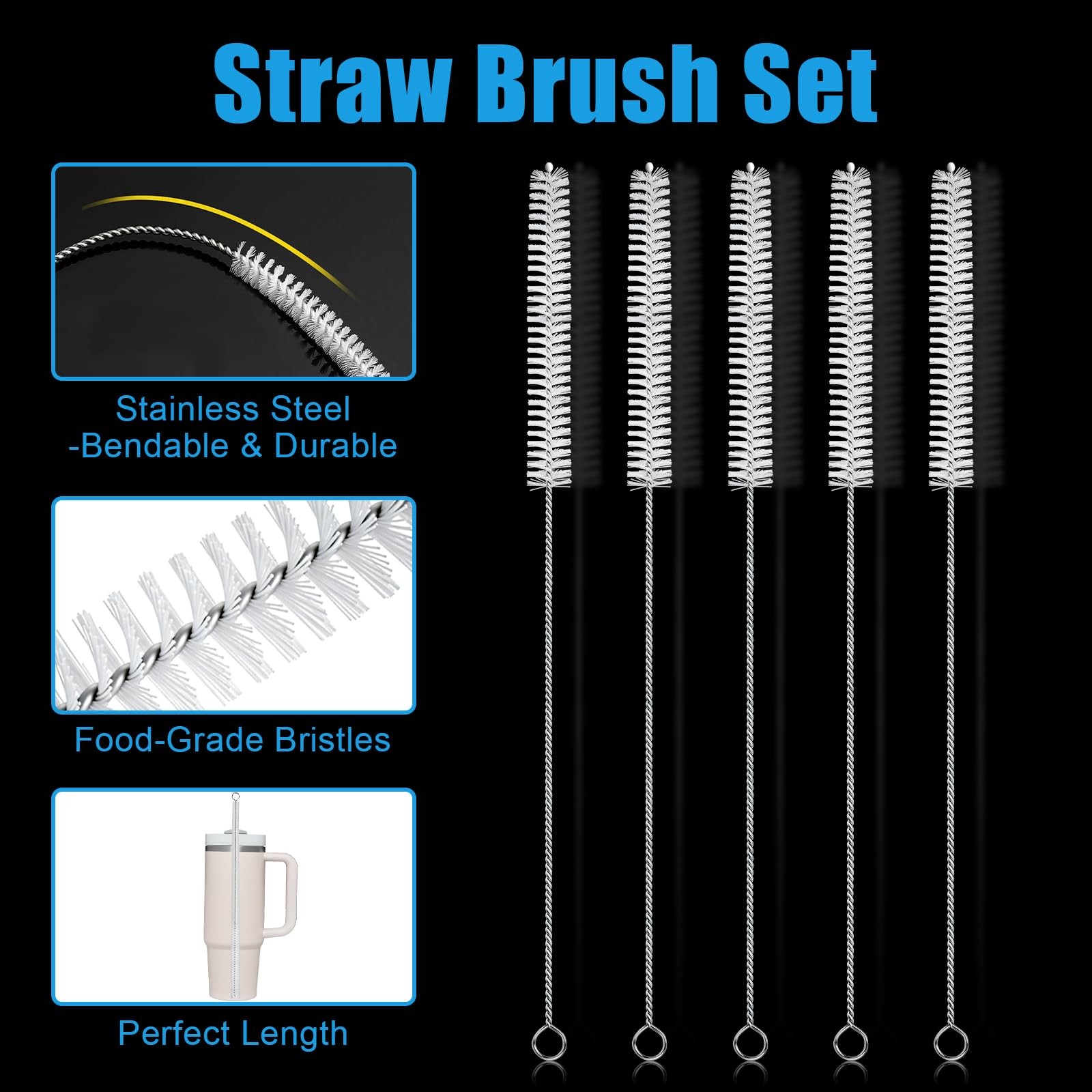 7Pcs 3-in-1 Cup Lid Gap Cleaning Brush & Straw Brush Set, Reusable Metal Stra…