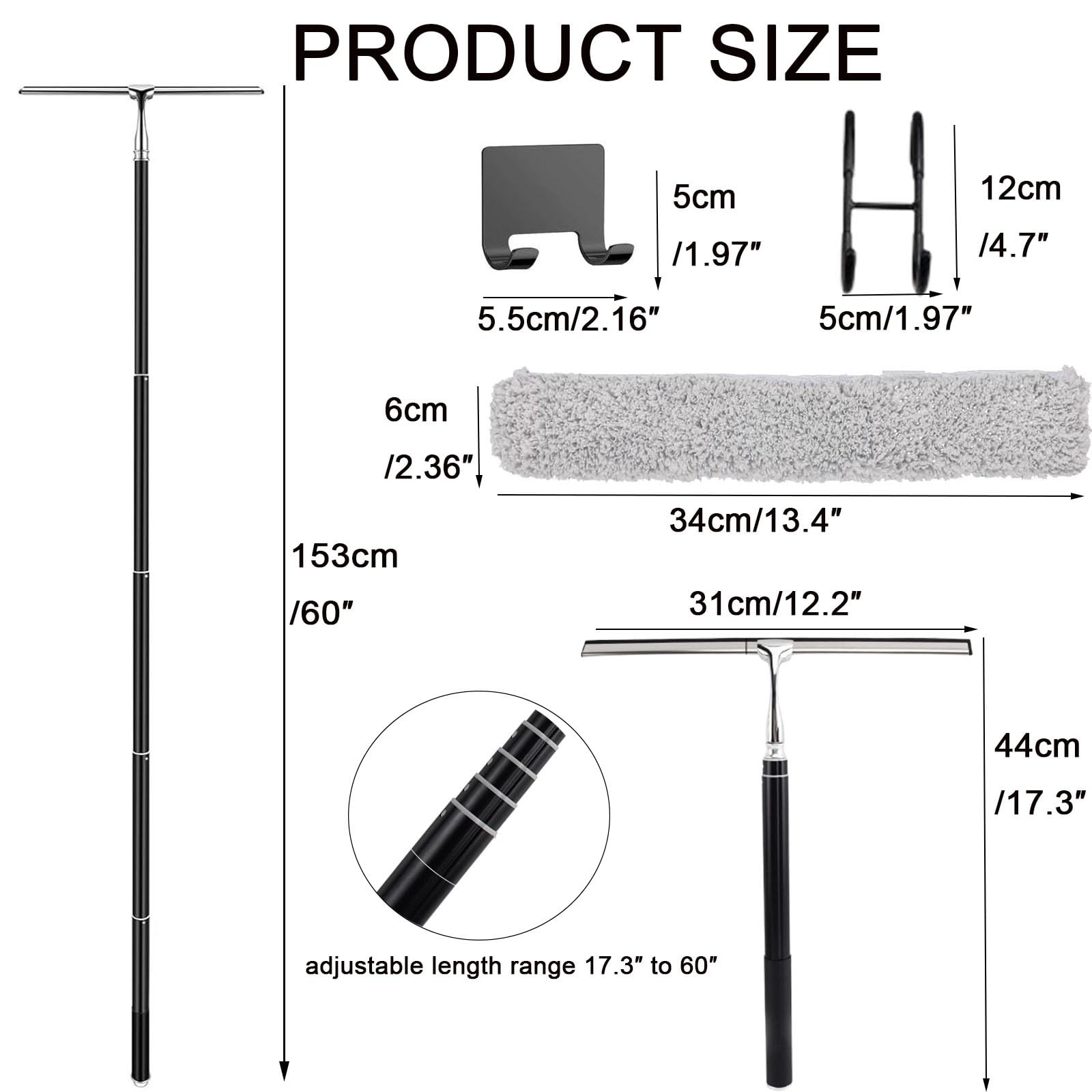 17.3″-60″ Extendable Shower Squeegee with Long Handle – Metal Window Squeegee…