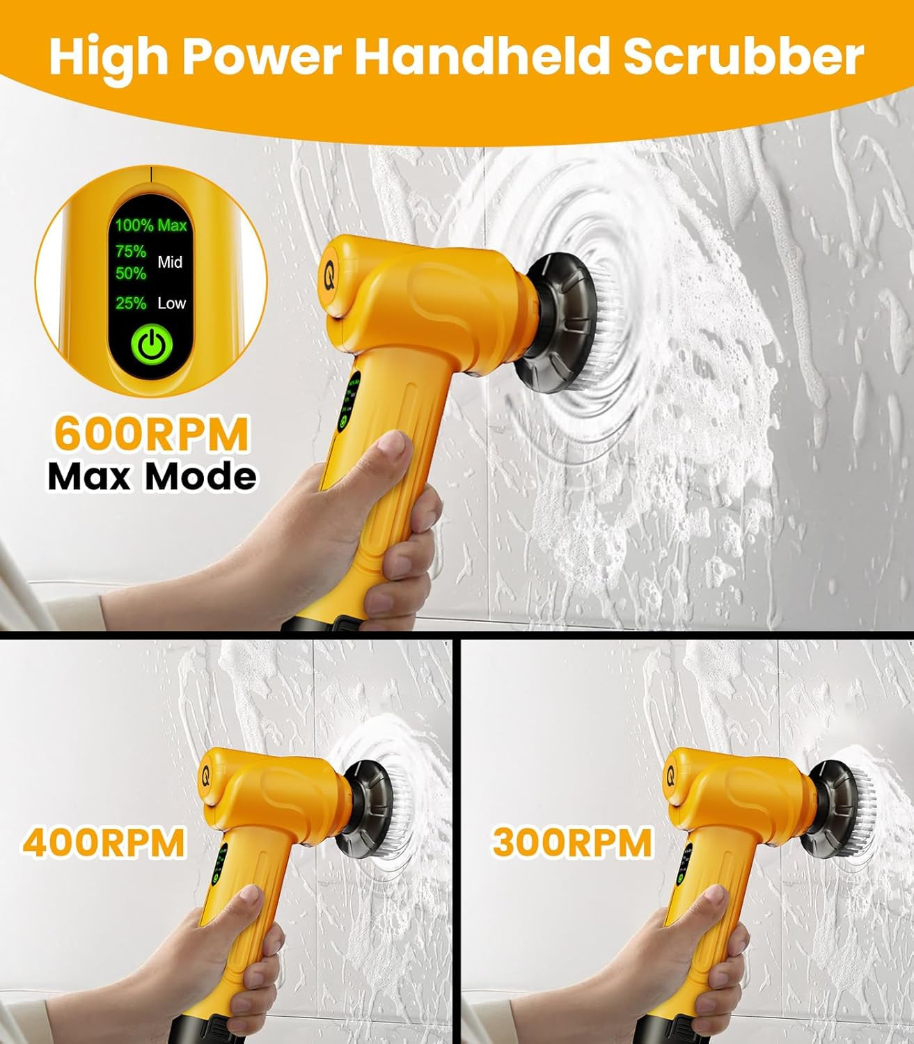 Qimedo Battery Electric Spin Scrubber Q4, Handheld Scrubber for Cleaning with Di