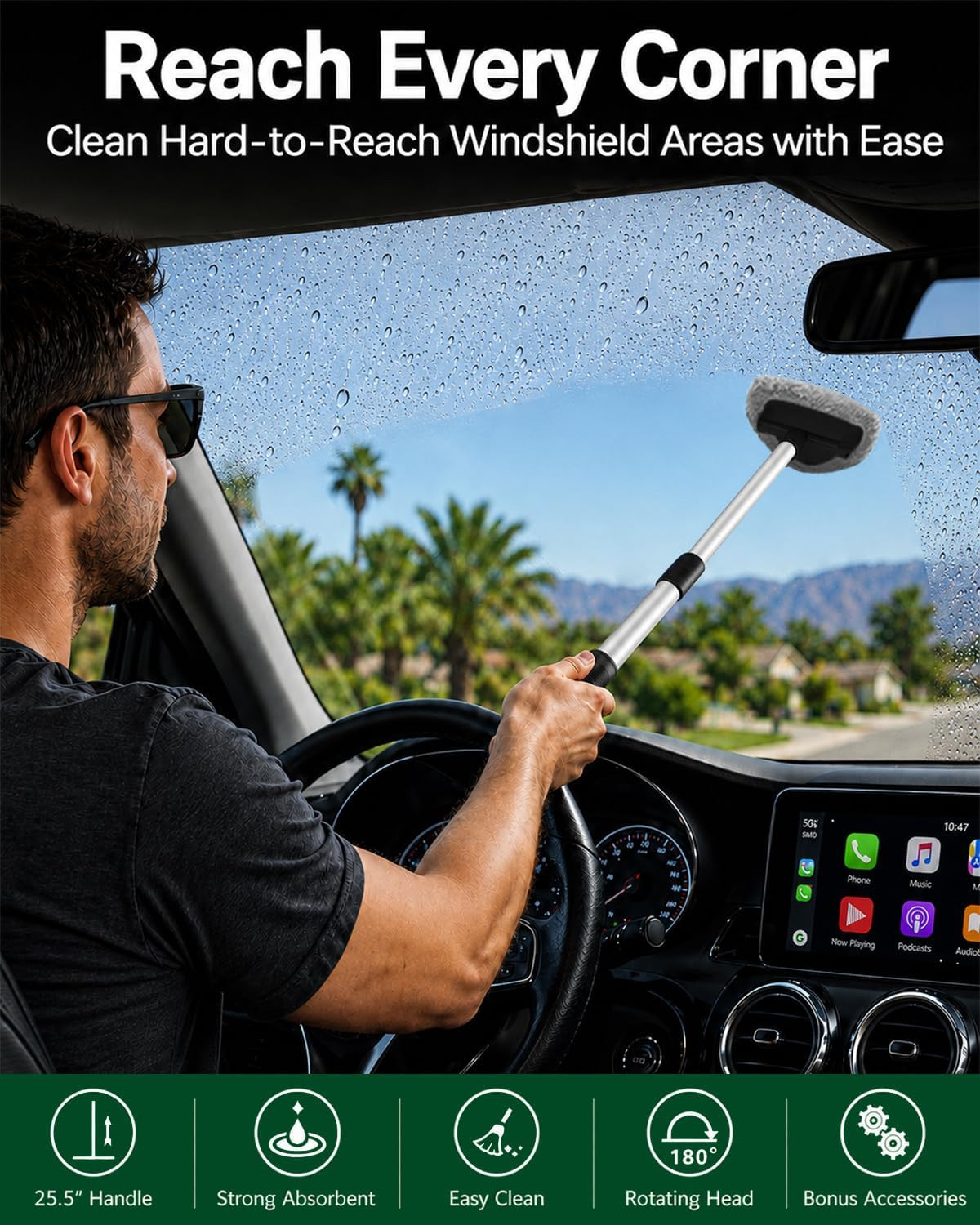 25.5″ Extra-Long Reach – Super Absorbent Coral Velvet Windshield Cleaner Tool, S