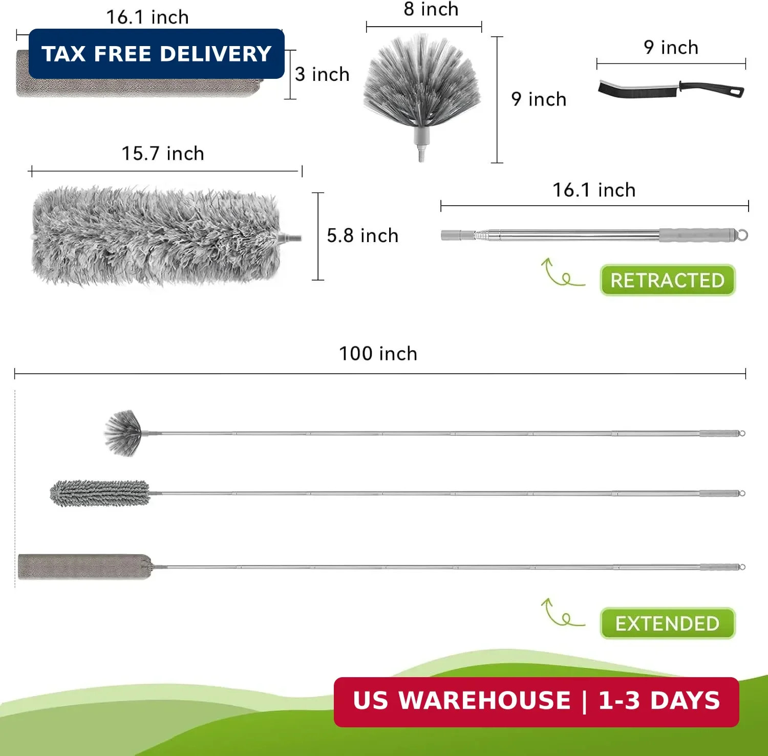 100-inch Duster with Extension Pole, 9-in-1 Cobweb Duster Kit Includes Spider We
