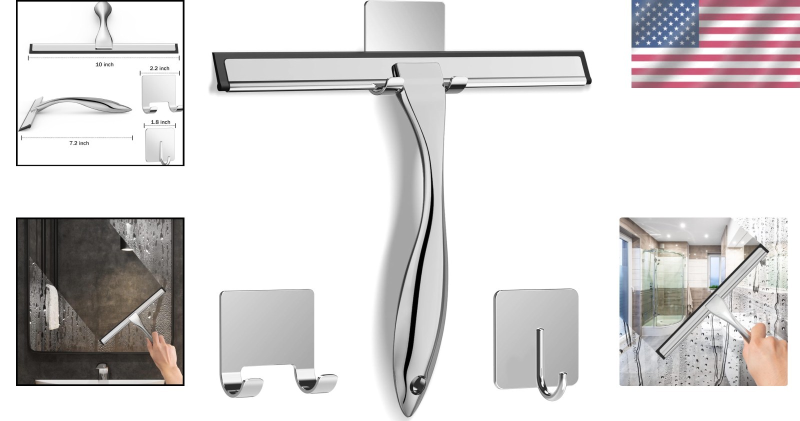 Stylish 10-Inch Shower Squeegee with Adhesive Hooks – Rust-Free & Efficient
