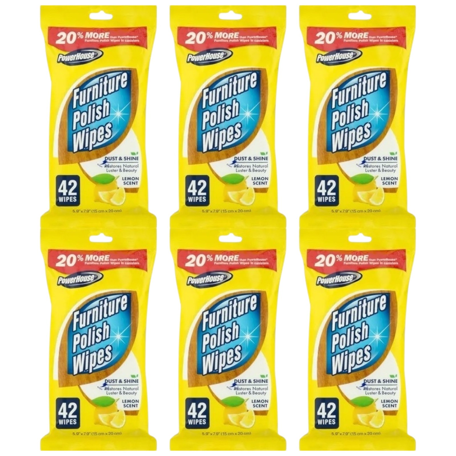 PowerHouse Furniture Polish Wipes (Lemon Scent), 42 Wipes (Pack of 6)
