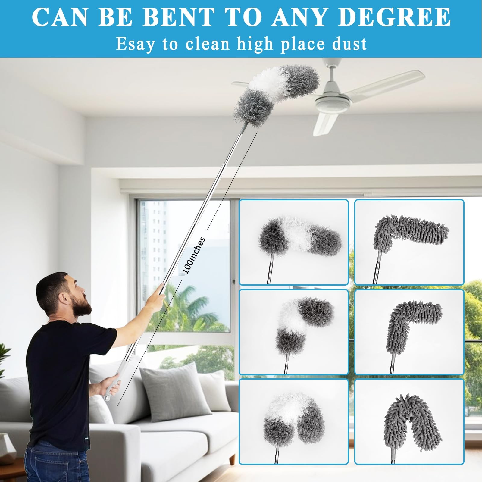 Microfiber Duster Kit 25pcs with 30 to 100 Inches Extension Pole and Baseboar…