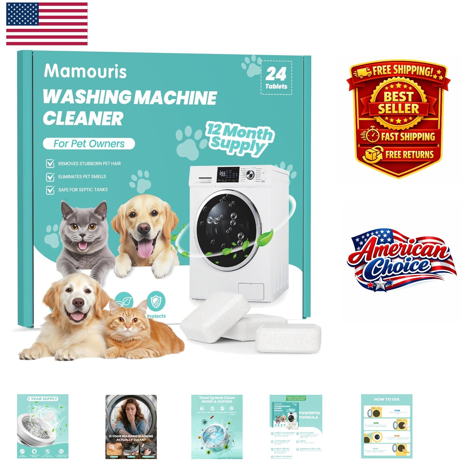 Washing Machine Cleaner Tablets – 24 Pack for HE & Top Load Washers, Pet Safe