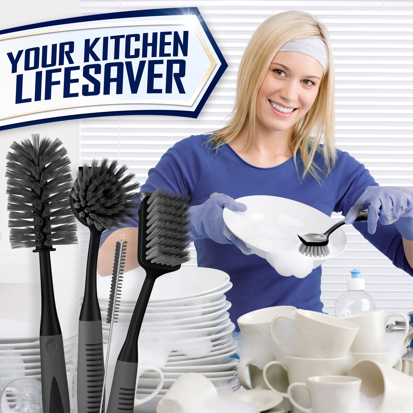 Dish Brush Set of 4 – Kitchen Scrub Brushes with Non-Slip Long Handle for Cle…