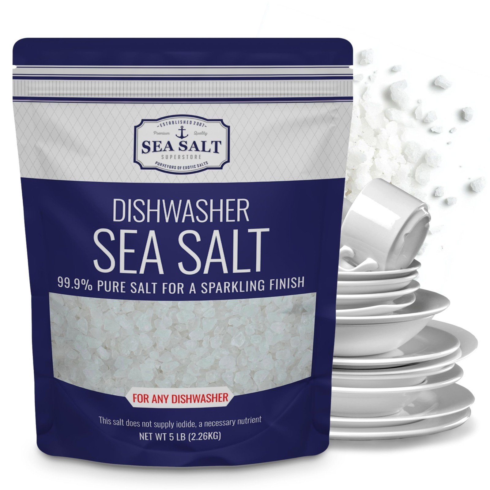 Natural Dishwasher Salt – Food Grade Coarse Sea Salt, Water Softener, 5 lb Bag