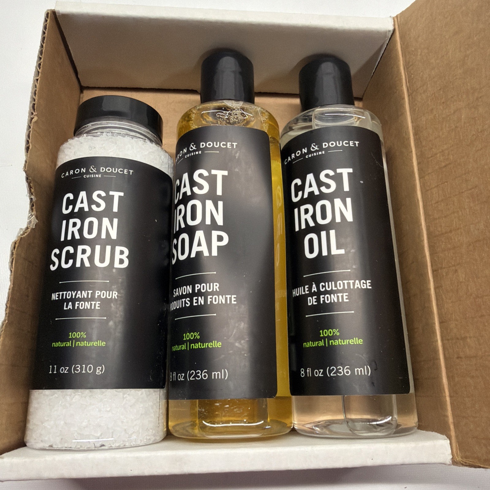 CARON & DOUCET Cast Iron Cleaning Set Soap Scrub & Oil New 100% Natural