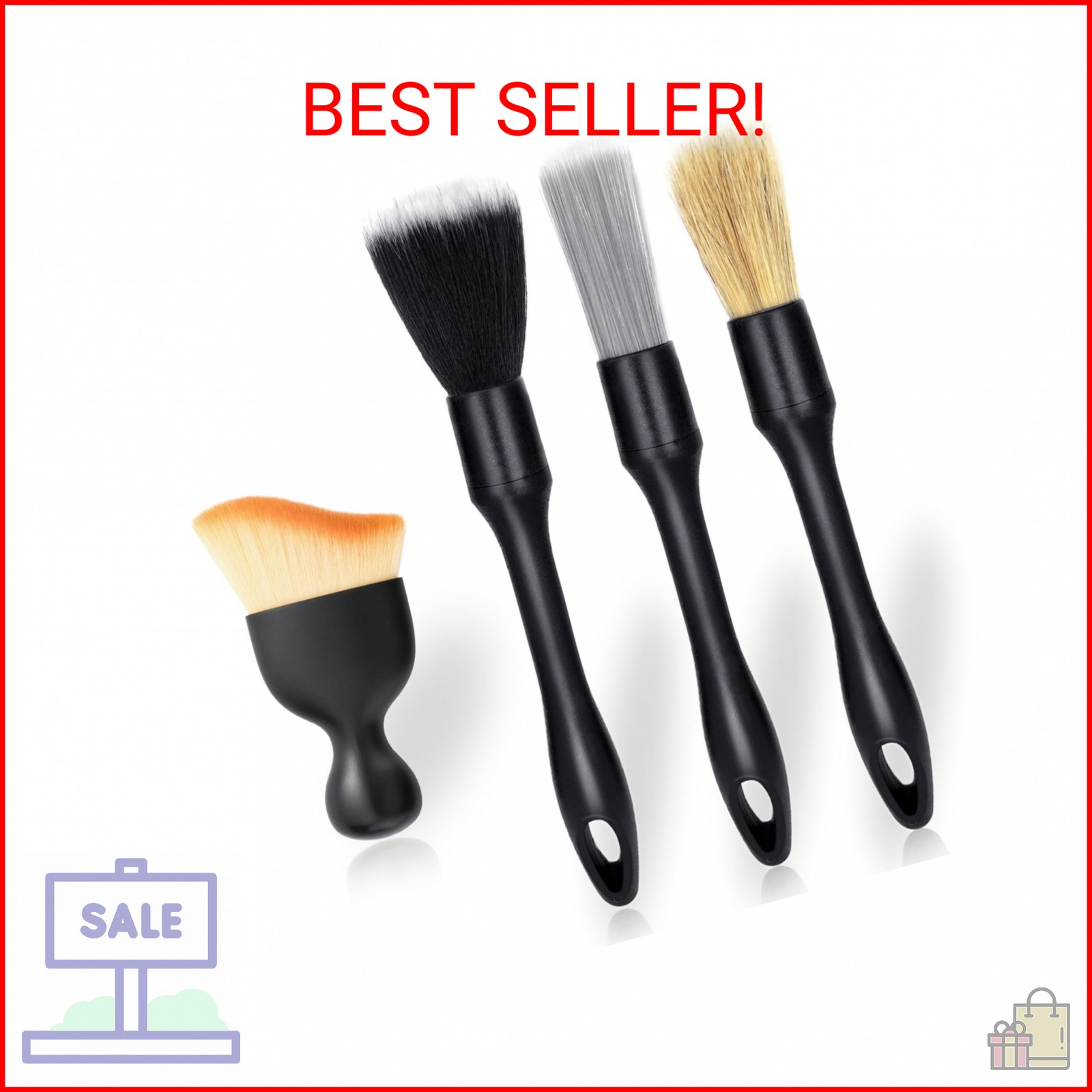 4 PCS Car Detailing Brush Set for Cleaning Interior or Exterior, Boars Bristle D
