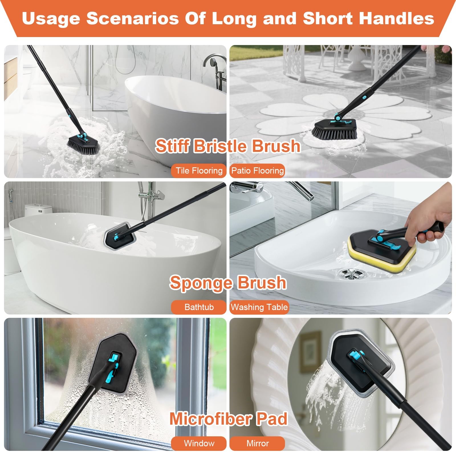 Long Handled Scrub Brush for Shower,3-in-1 Cleaning Brushes with 3 Different …