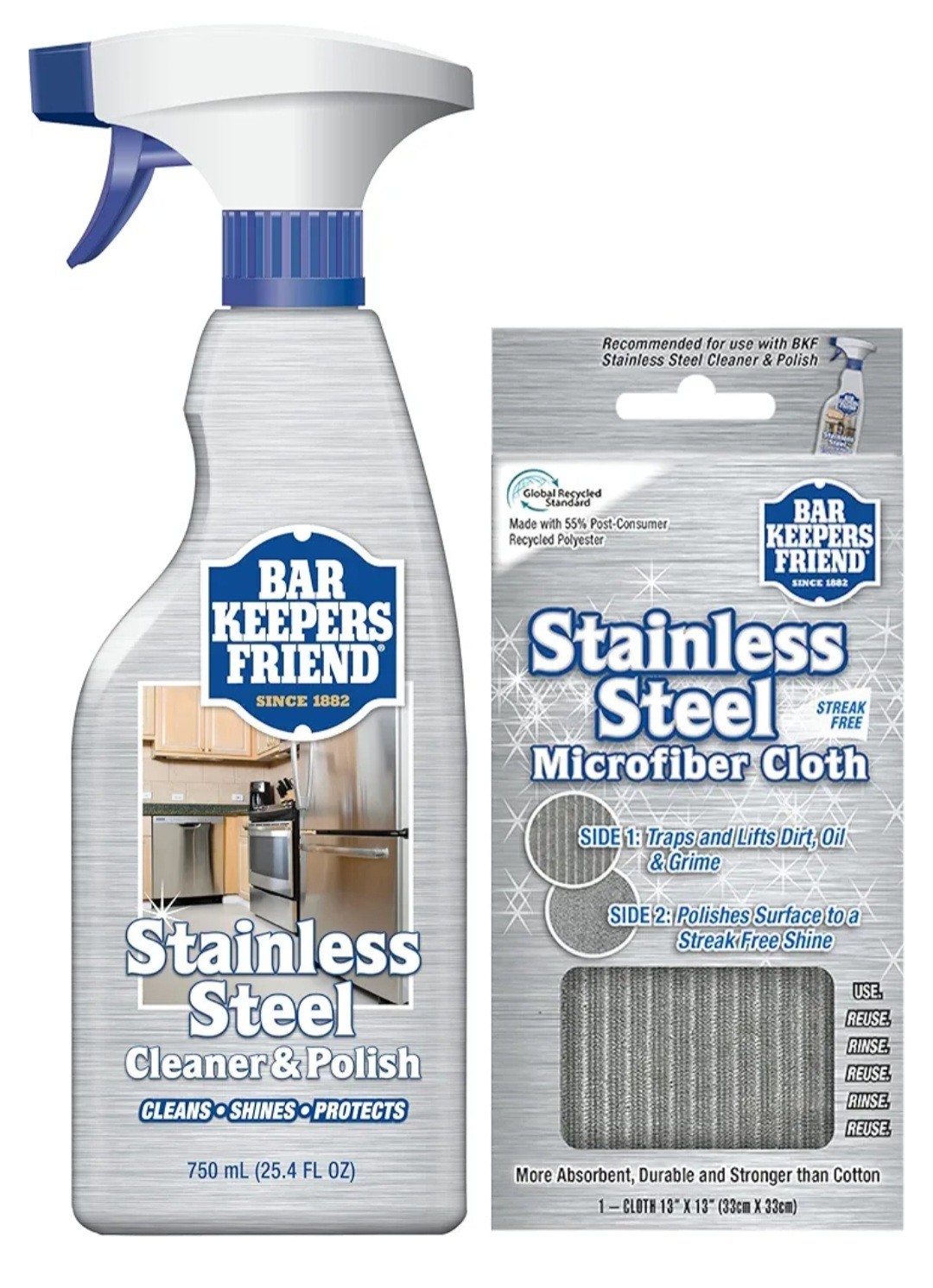 Bar Keepers Friend Stainless Steel Cleaner Spray (25.4 Oz) + Microfiber Cloth –