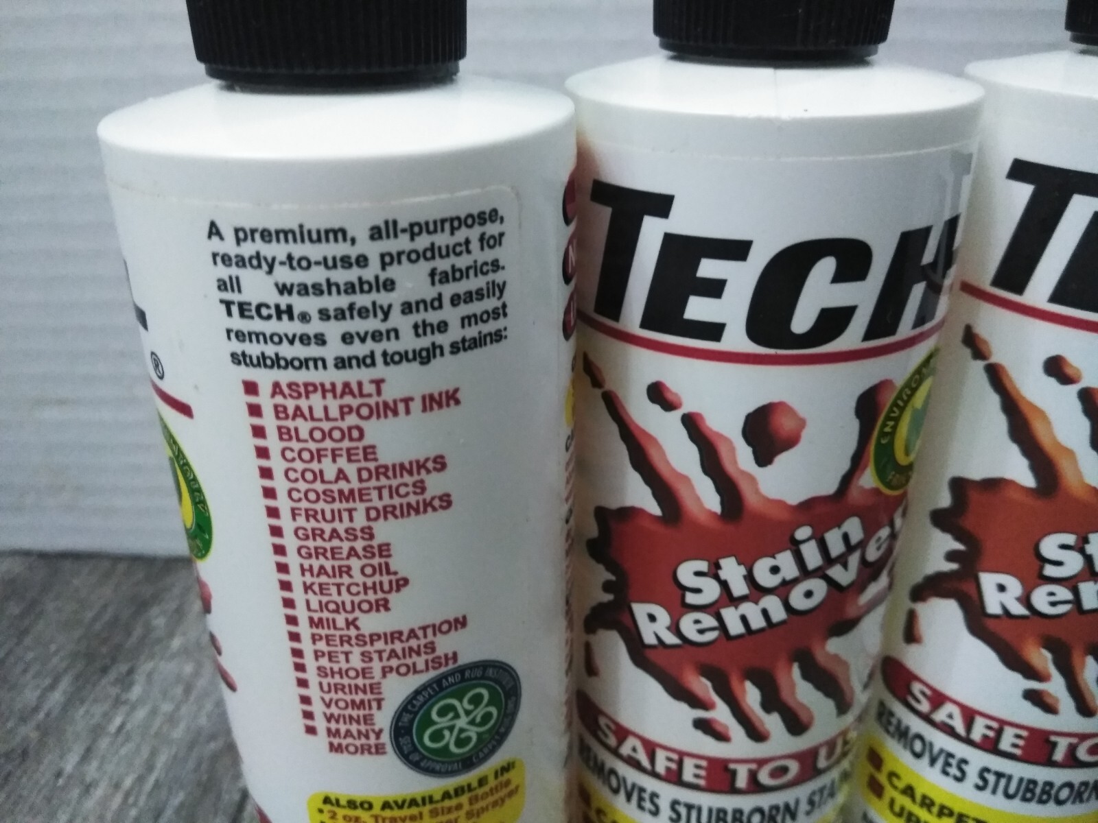 Tech STAIN REMOVER Liquid Multi Purpose Non-toxic Carpet Clothing 8.oz (3pk)