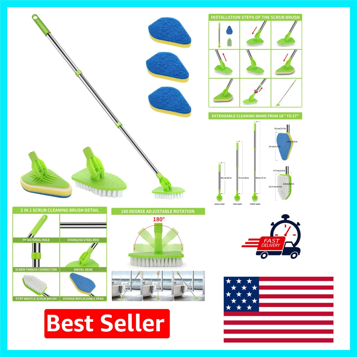 Lightweight Detachable Cleaning Brush with 37″ Extendable Handle for Bathrooms
