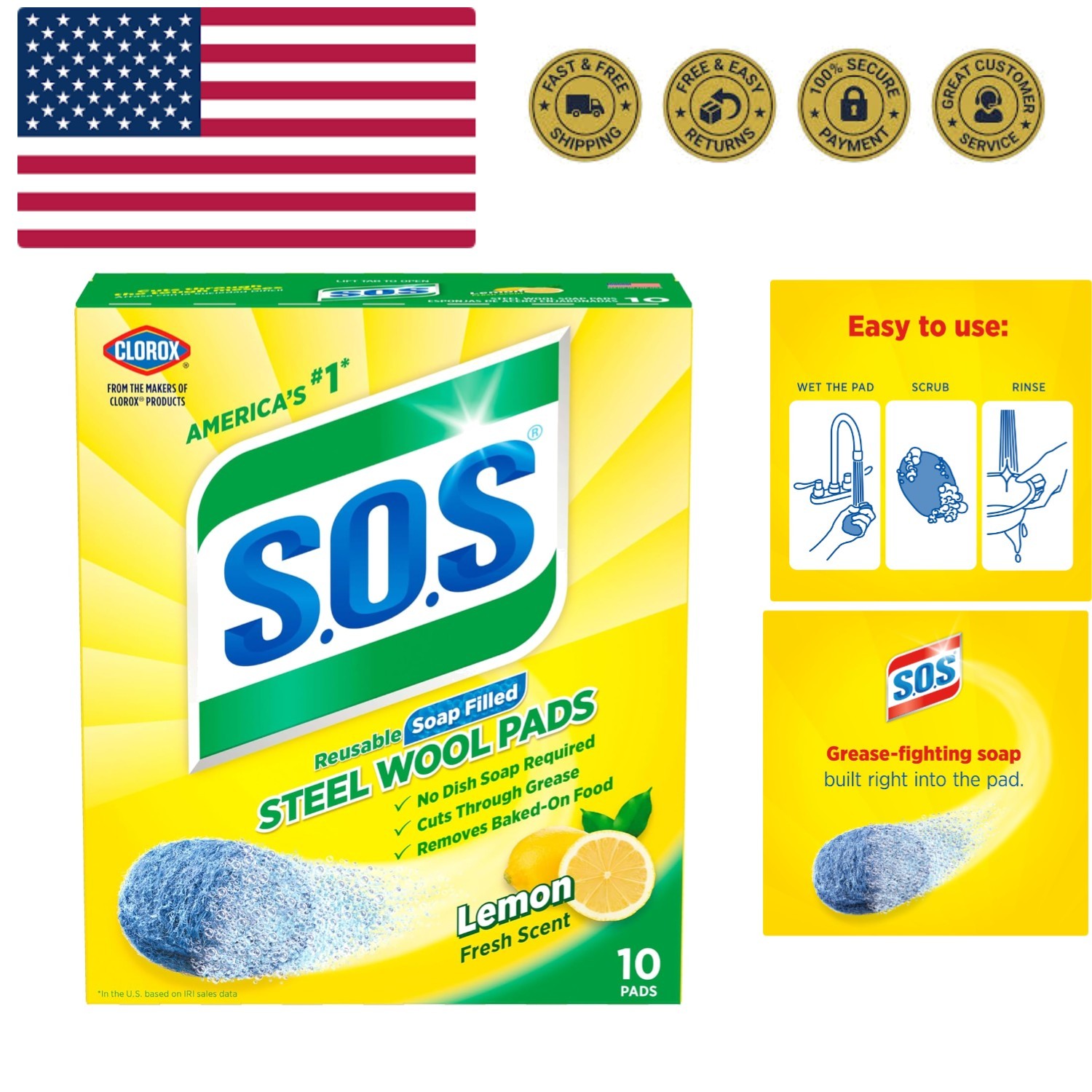Steel Wool Soap Pads, Lemon Fresh, 10 Count