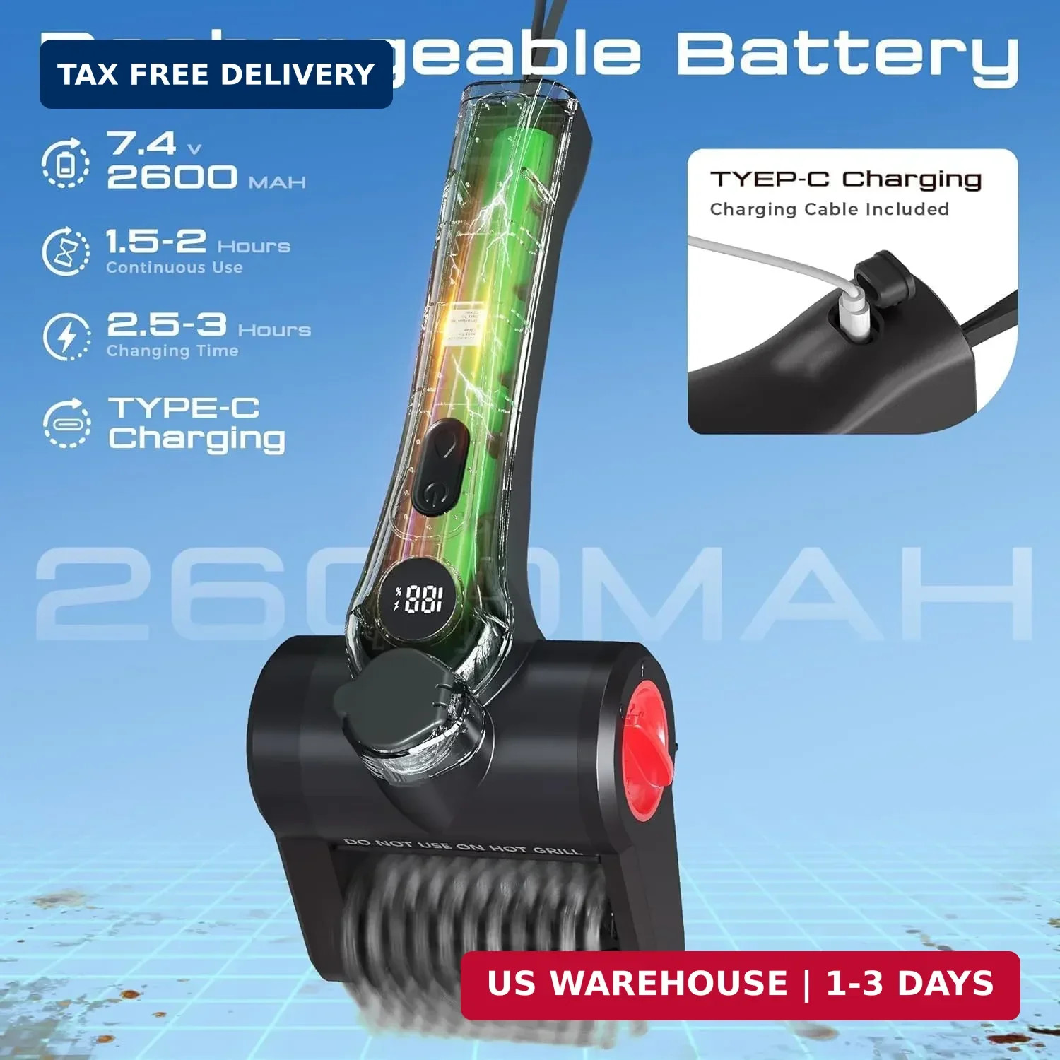 Electric Grill Brush, 100W High Power Cordless BBQ Cleaner with 300ml Water Spra