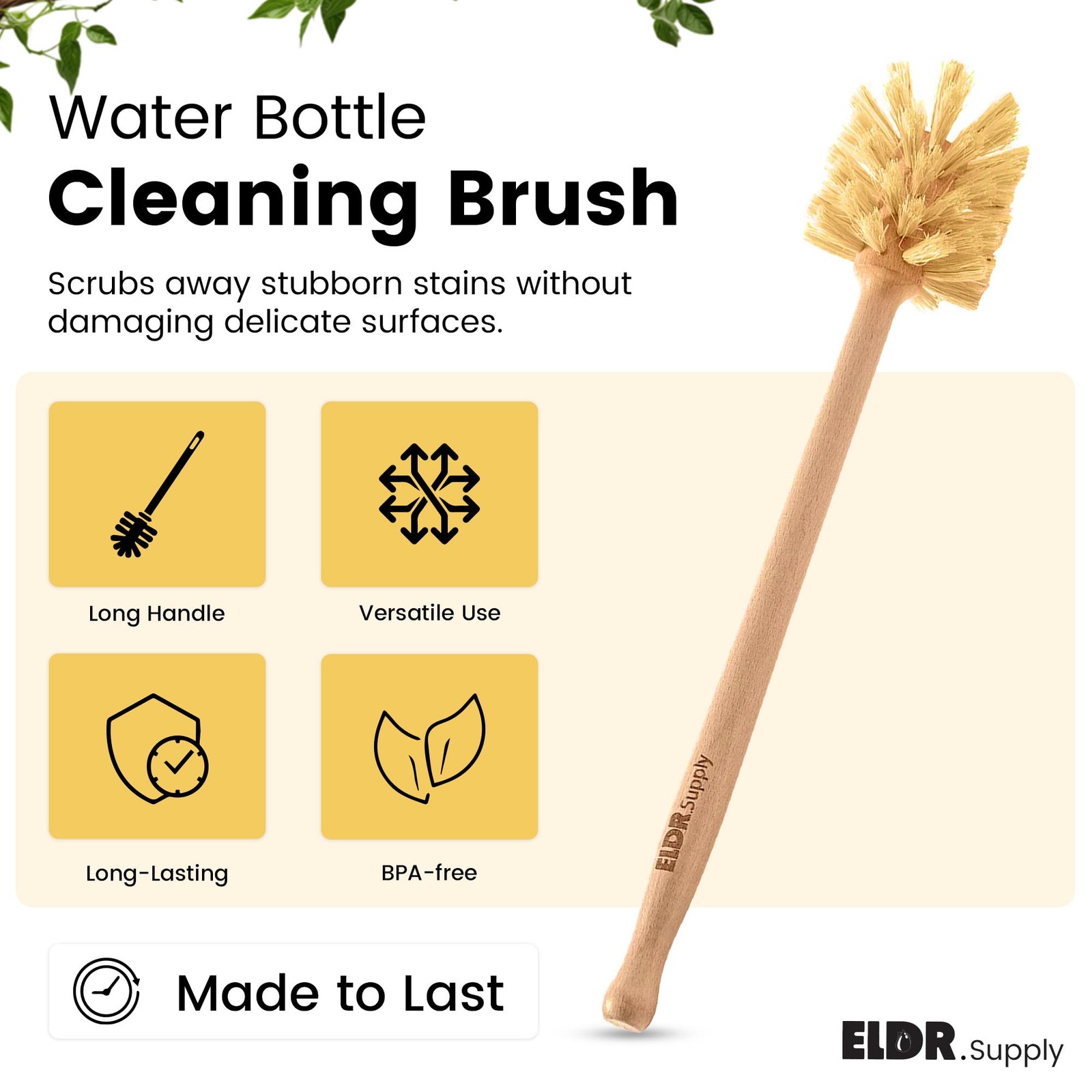 Bottle Brush, 14in Extra Long German Beechwood Handle, Strong Hemp Bristles, …