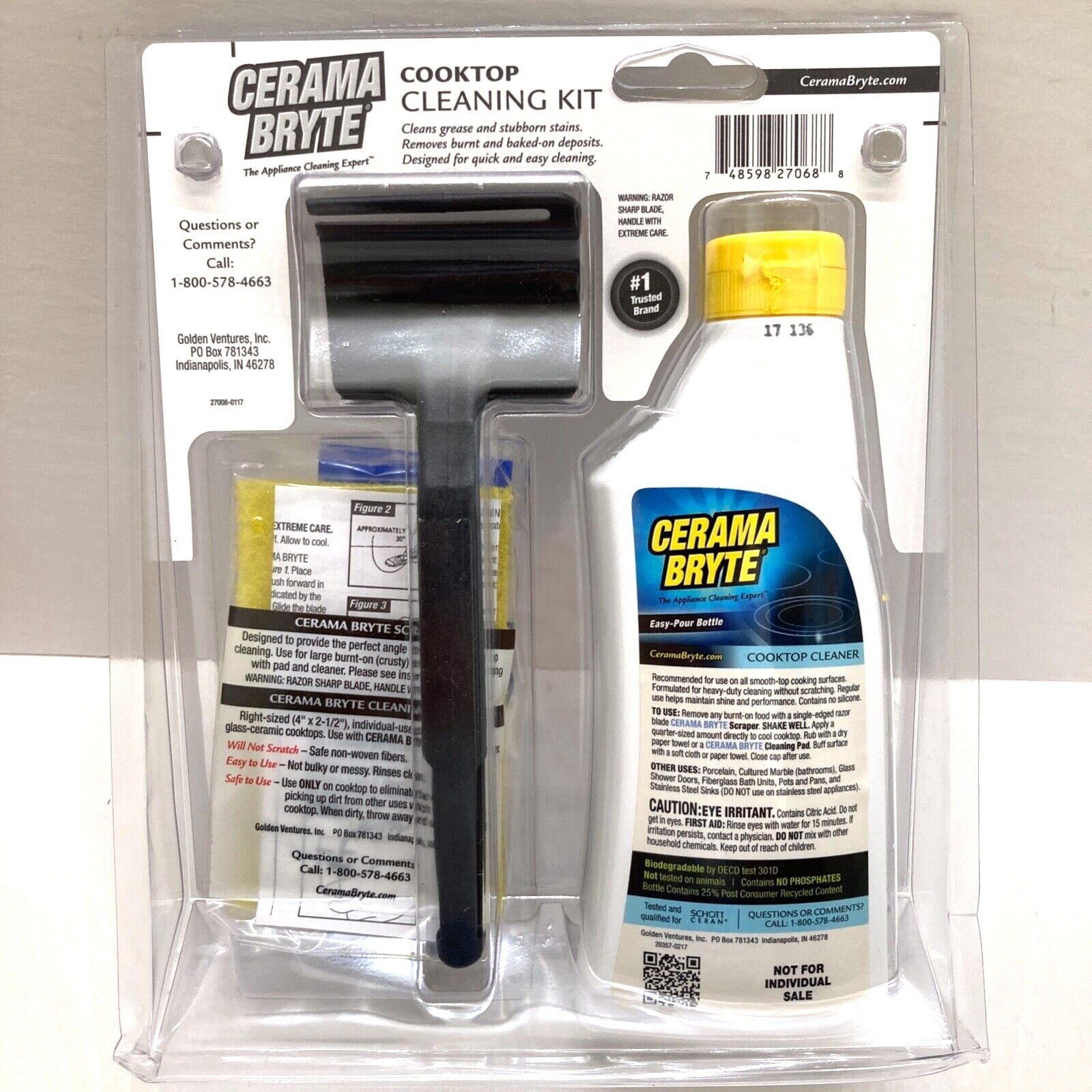 Cerama Bryte Cooktop Cleaner 10 OZ + Scraper, Pad, Pad Tool – Remove Stains NEW