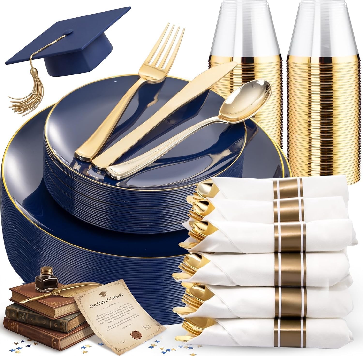KIRE 175Pcs Blue Plastic Plates – Navy Blue Plates Disposable – 25 for Dinner