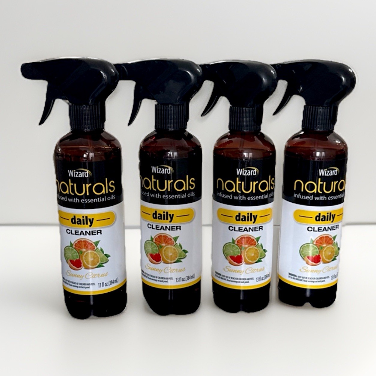 4PK. Wizard Naturals Essentials Oils Daily Cleaner Sunny Citrus Lg. 13FL. Each