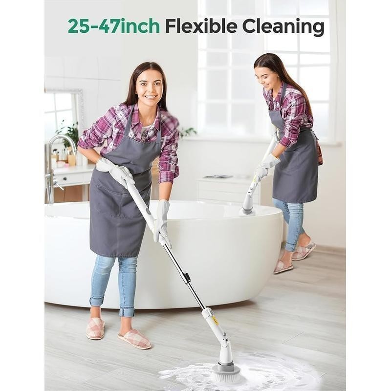 2Speed Electric Spin Scrubber Cordless 8 Heads Adjustable Handle Cleaning Brush