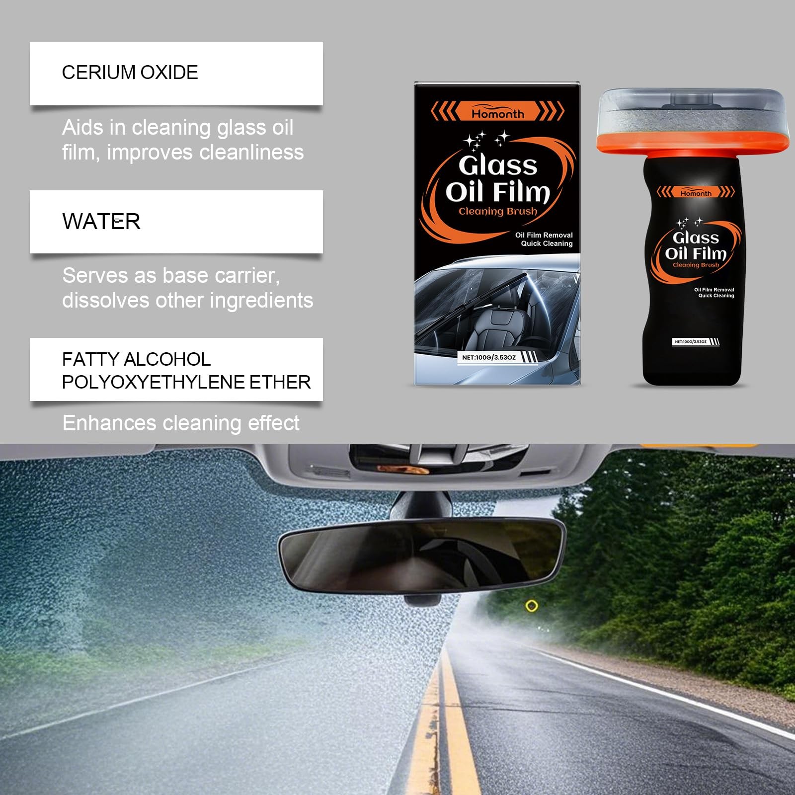 2PC Glass Oil Film Remover Automotive Cleaner for Residue & Road Grime