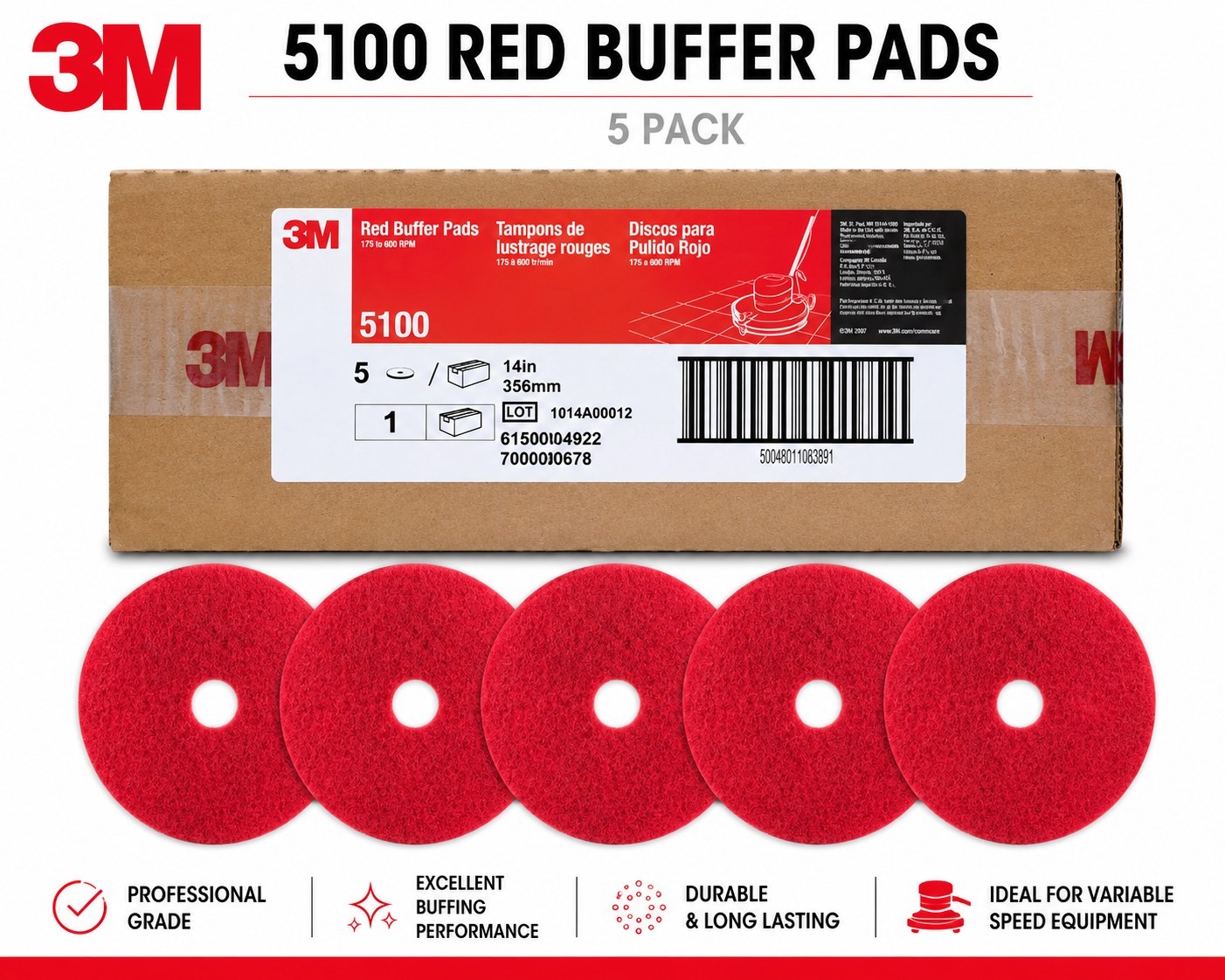 3M Red Buffer Floor Pads, 5100, Low-Speed 14″, 5 Pack, NEW