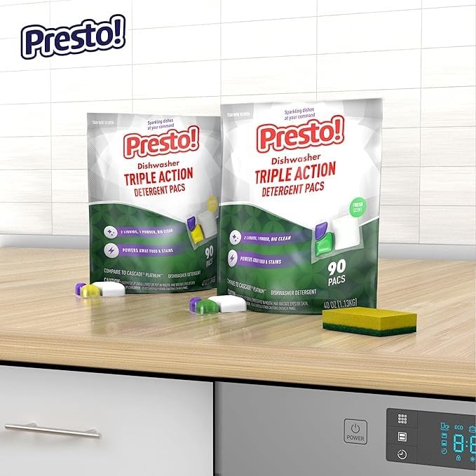 Amazon Brand – Presto! Triple Action Dishwasher Pacs, Lemon Scent, 90 Count