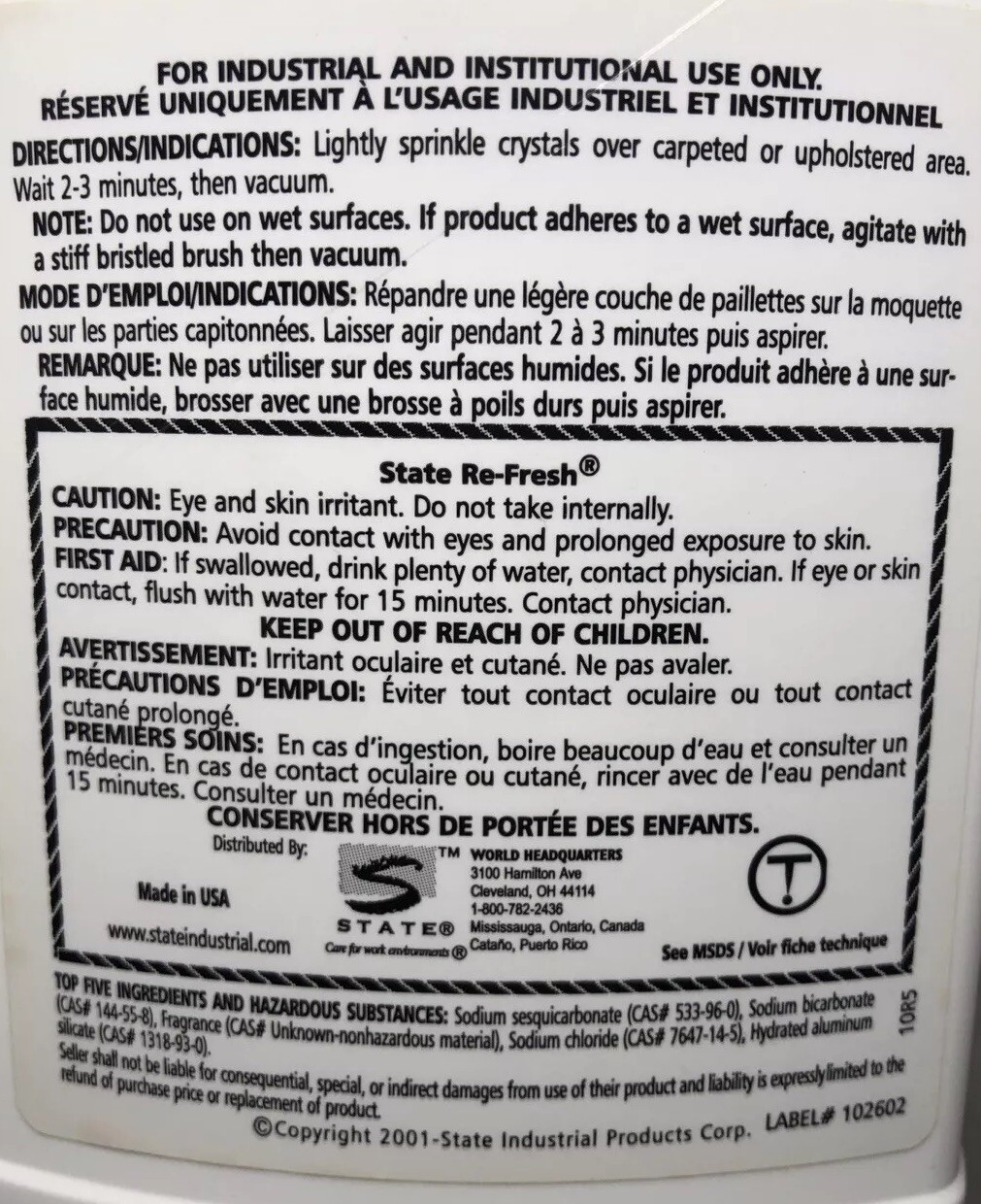 Industrial carpet cleaning deodorizer 28oz Morning Fresh Scent, State Re-Fresh.