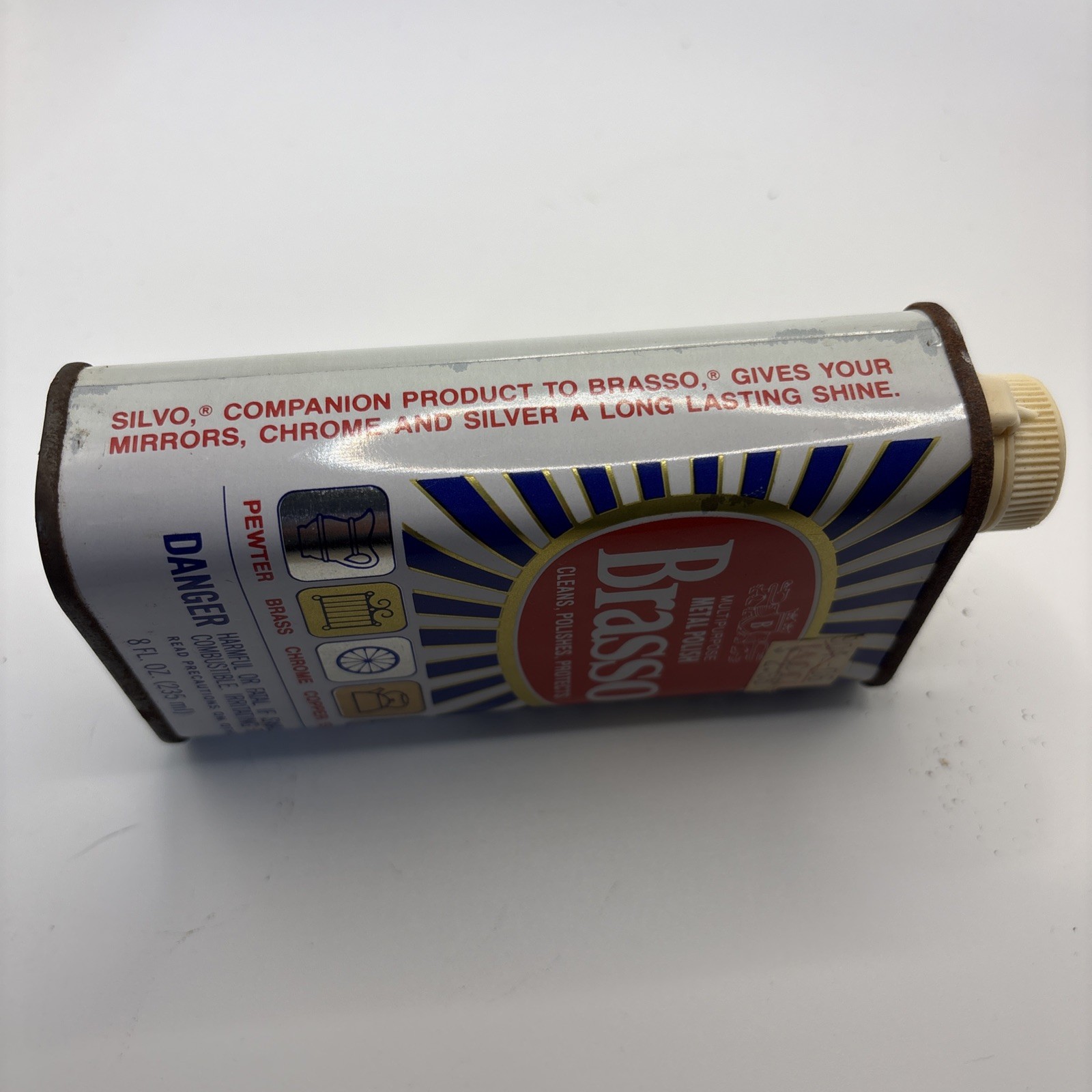 Vintage BRASSO Metal Polish 8 Fl. Oz Tin For Brass Copper Chrome 50% Full PROP