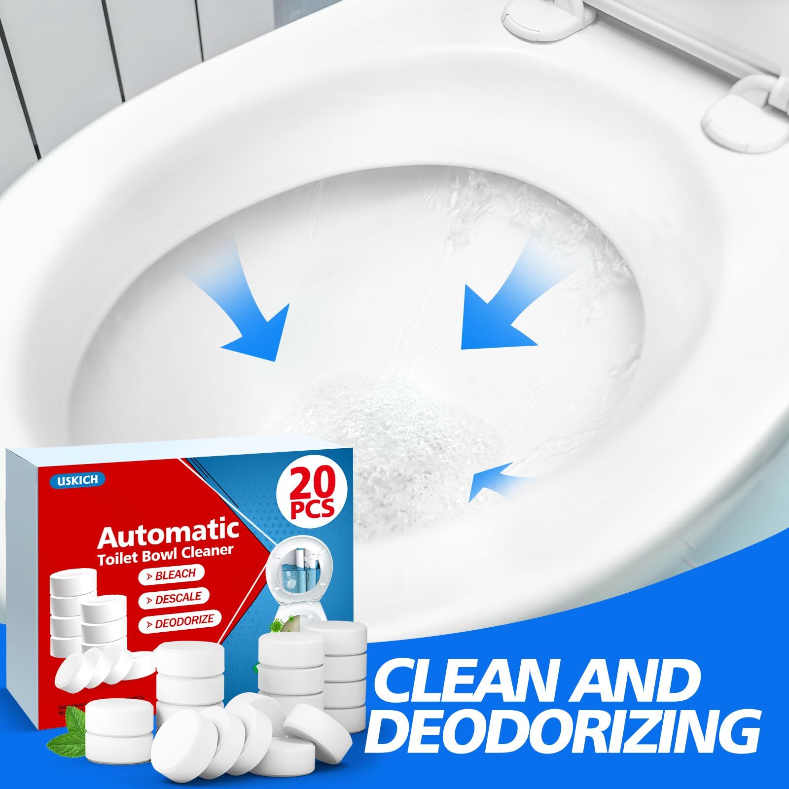 Toilet Bowl Cleaner Tablets 20 PACK, Bathroom Toilet Tank Cleaners with Bleach