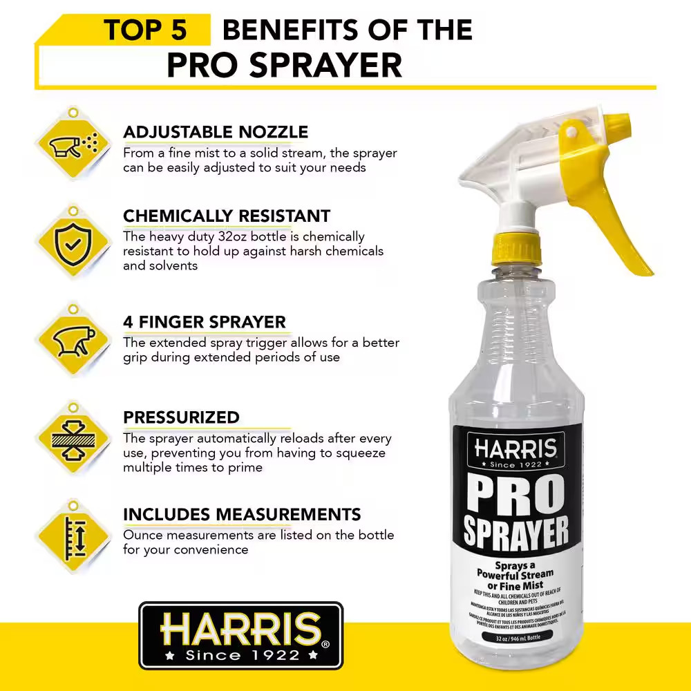 Harris Chemical Resistant Pro Spray Bottle With Adjustable Tip, 32 oz, 4 Pack
