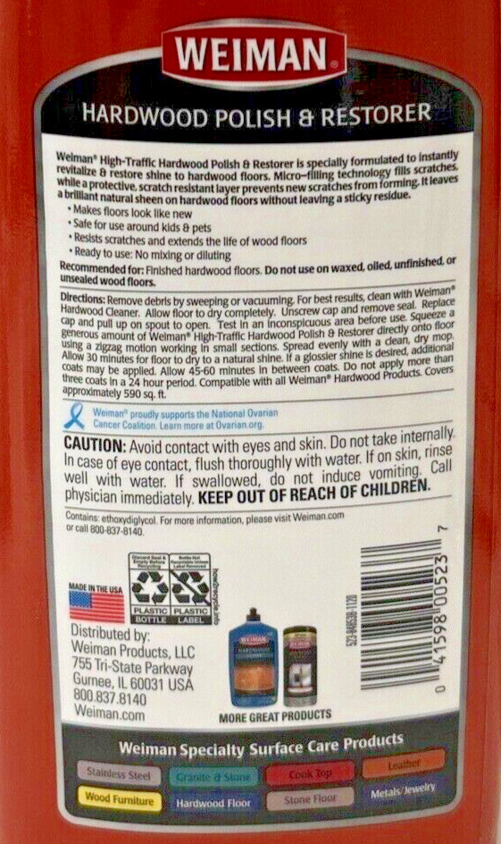 Weiman HardWood Floor Polish and Restorer, High Traffic, 32 Ounce-NEW!