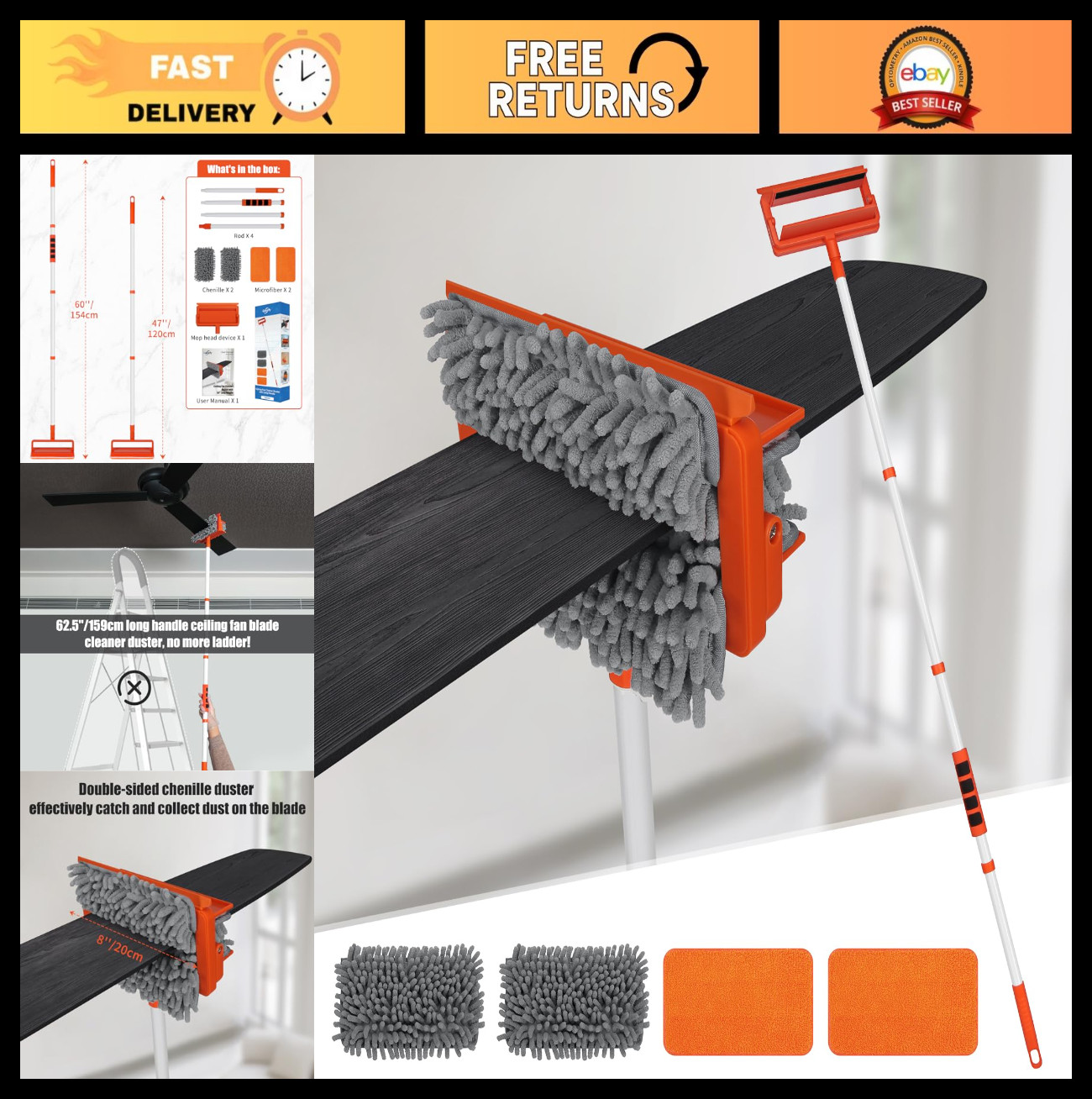 Ceiling Fan Cleaner Duster with 62.5″ Extendable Handle, Reusable Chenille & Mic