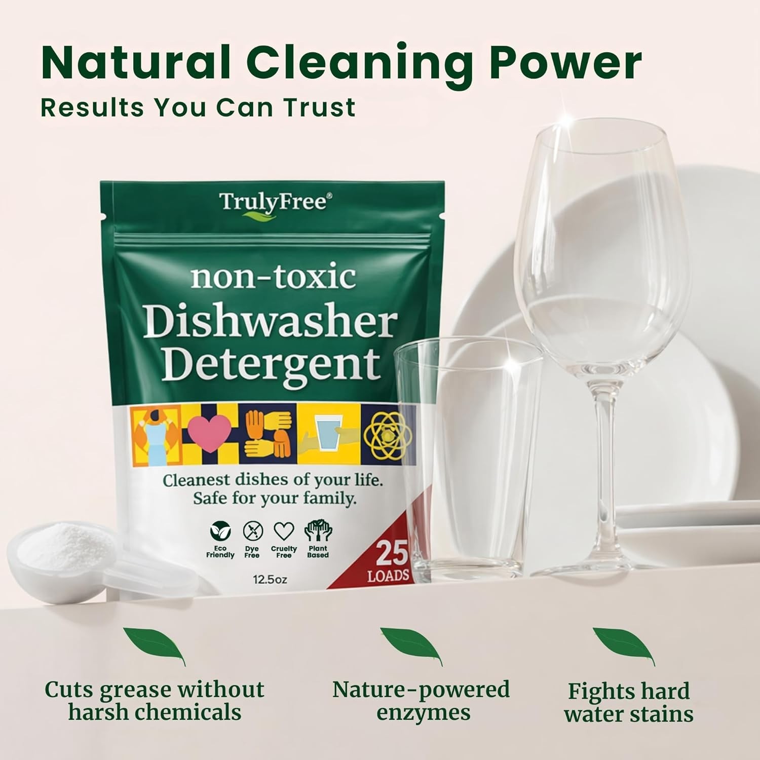 Truly Free natural dishwasher soap. Plastic-free, heavy duty stain remover