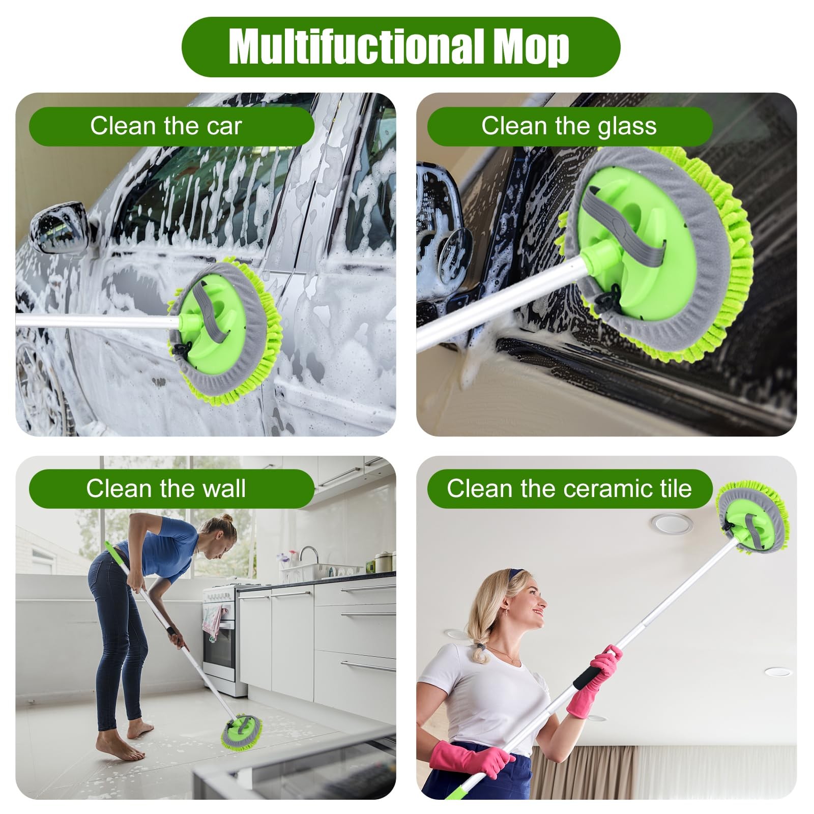 62″ Long Handle Car Wash Brush Kit with Microfiber Head for RV & Truck Cleaning