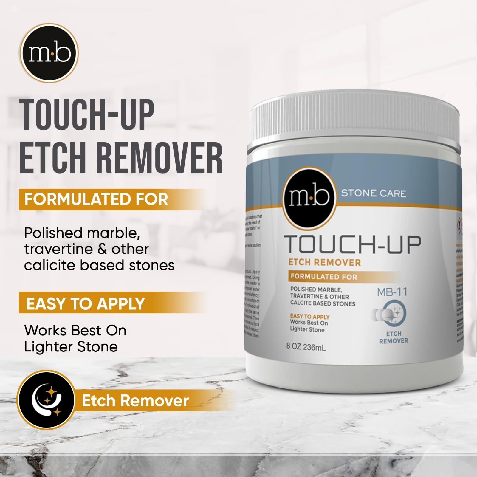 MB Stone MB-11® Touch-Up Etch Remover Marble Polishing Powder for Light to Me…