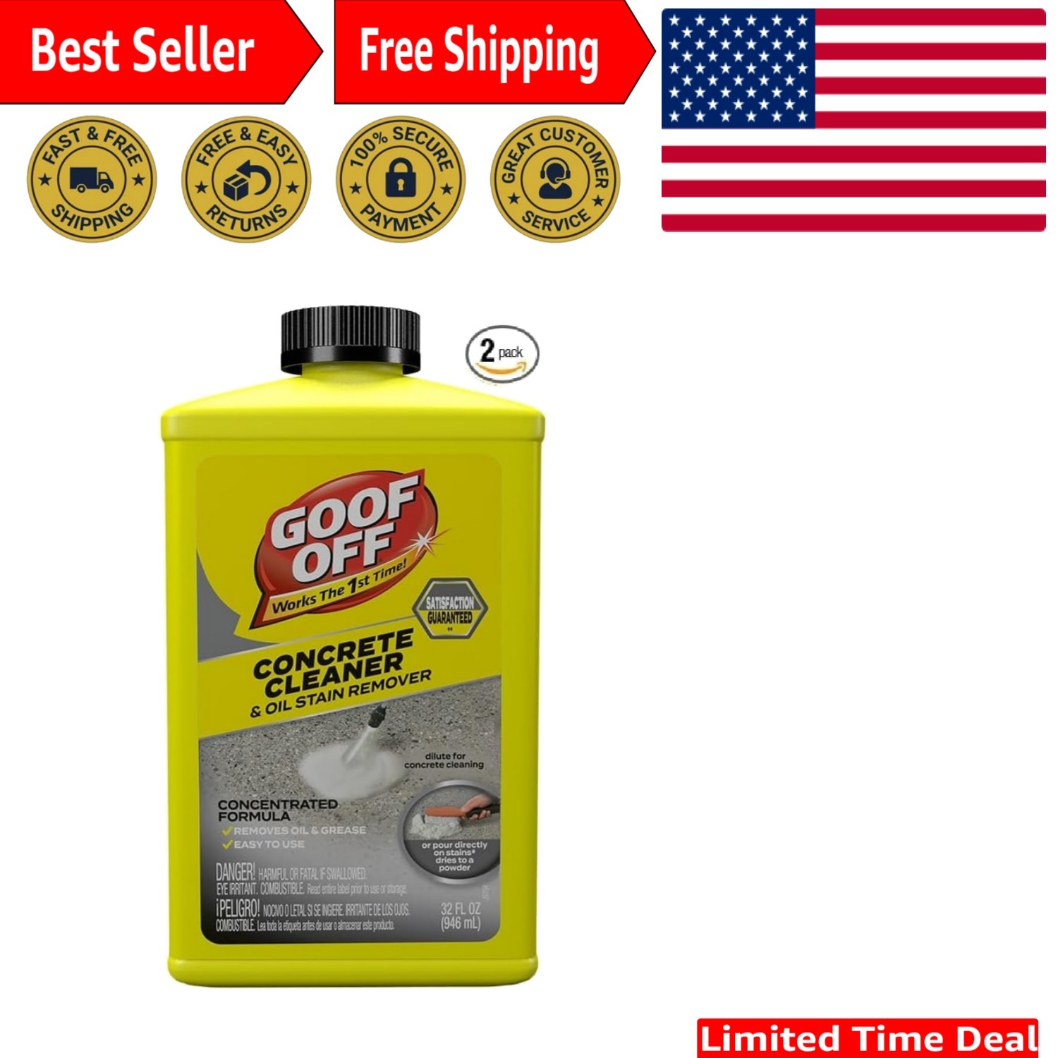 Goof Off 32oz Degreaser for Concrete – No Scrubbing, Just Pour and Sweep, 2 Pack