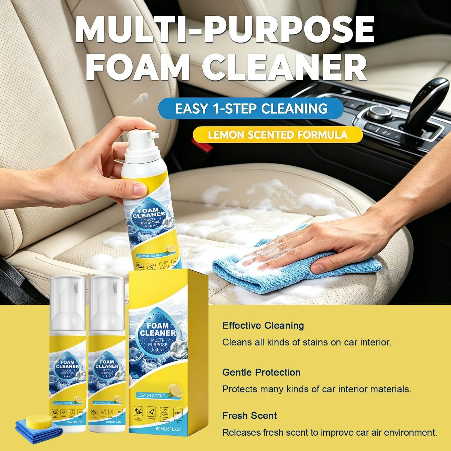 4-In-1 Multi-Enzyme Foam Cleaner, Multipurpose Car Interior Foam Cleaners for Ca