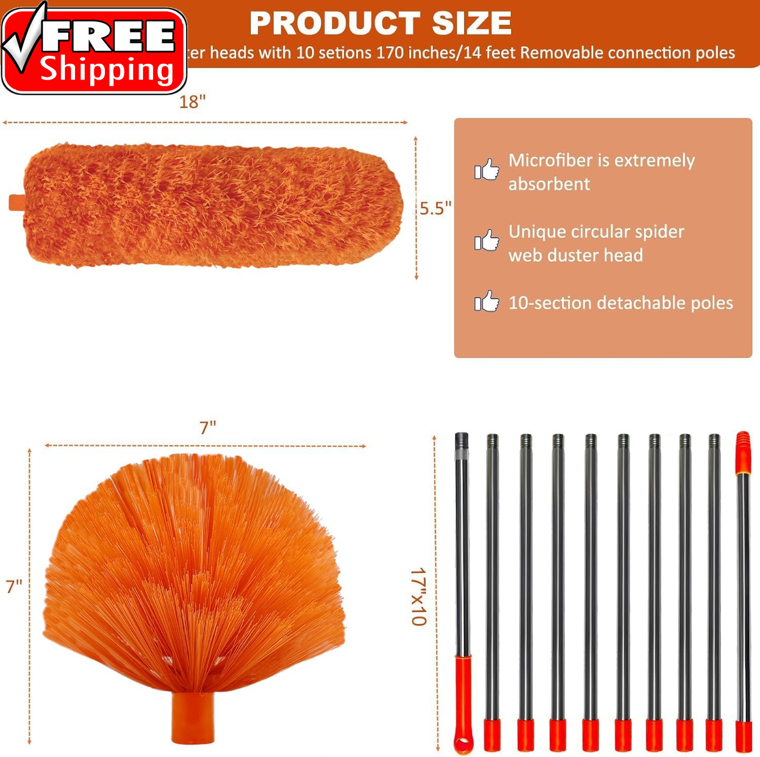 20 Feet High Reach Duster Kit with 2-14 Ft Extension Pole, Cobweb & Corner Brush