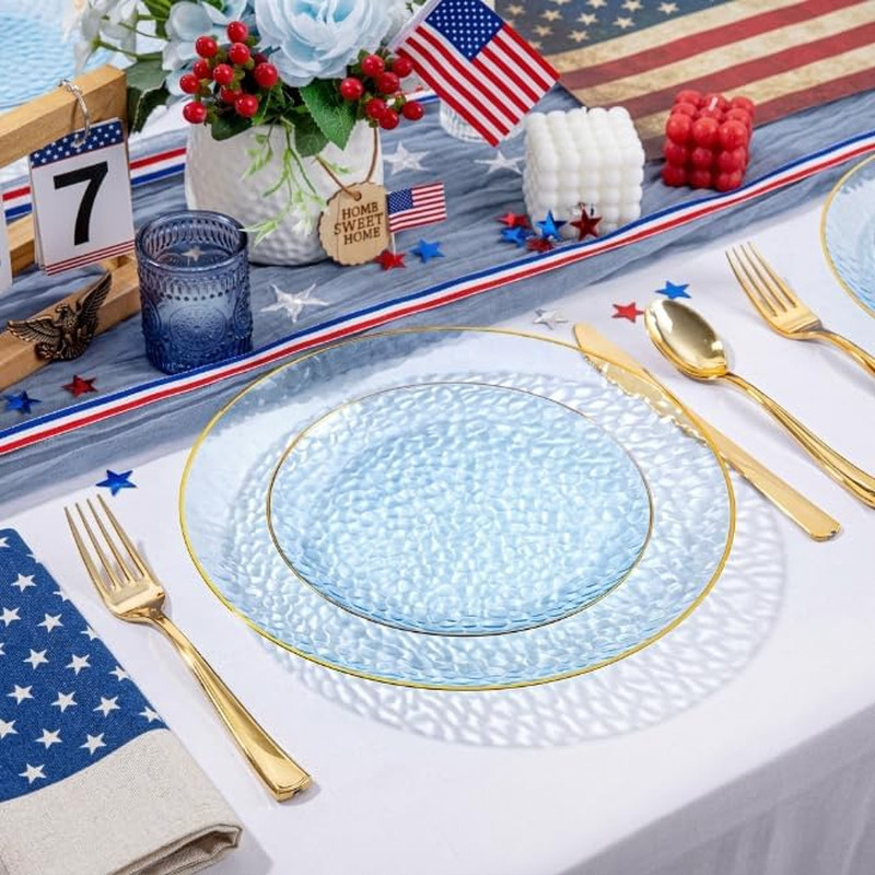 175PCS Clear Blue Gold Plastic Dinnerware Set for 25 Guests, Hammered Disposable