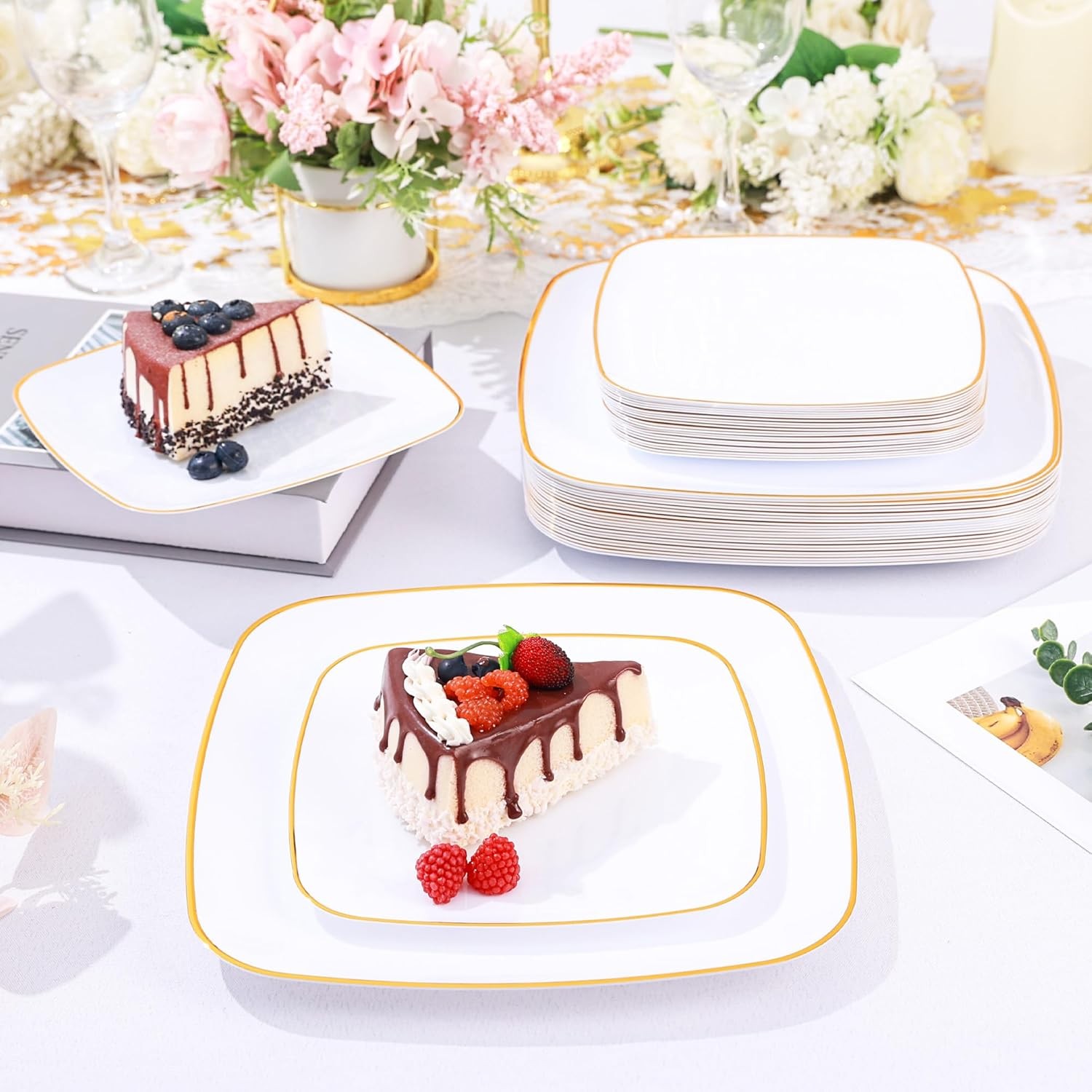 Sylans 350PCS Square Disposable Dinnerware Set for 50 Guests, Gold Plastic Pla
